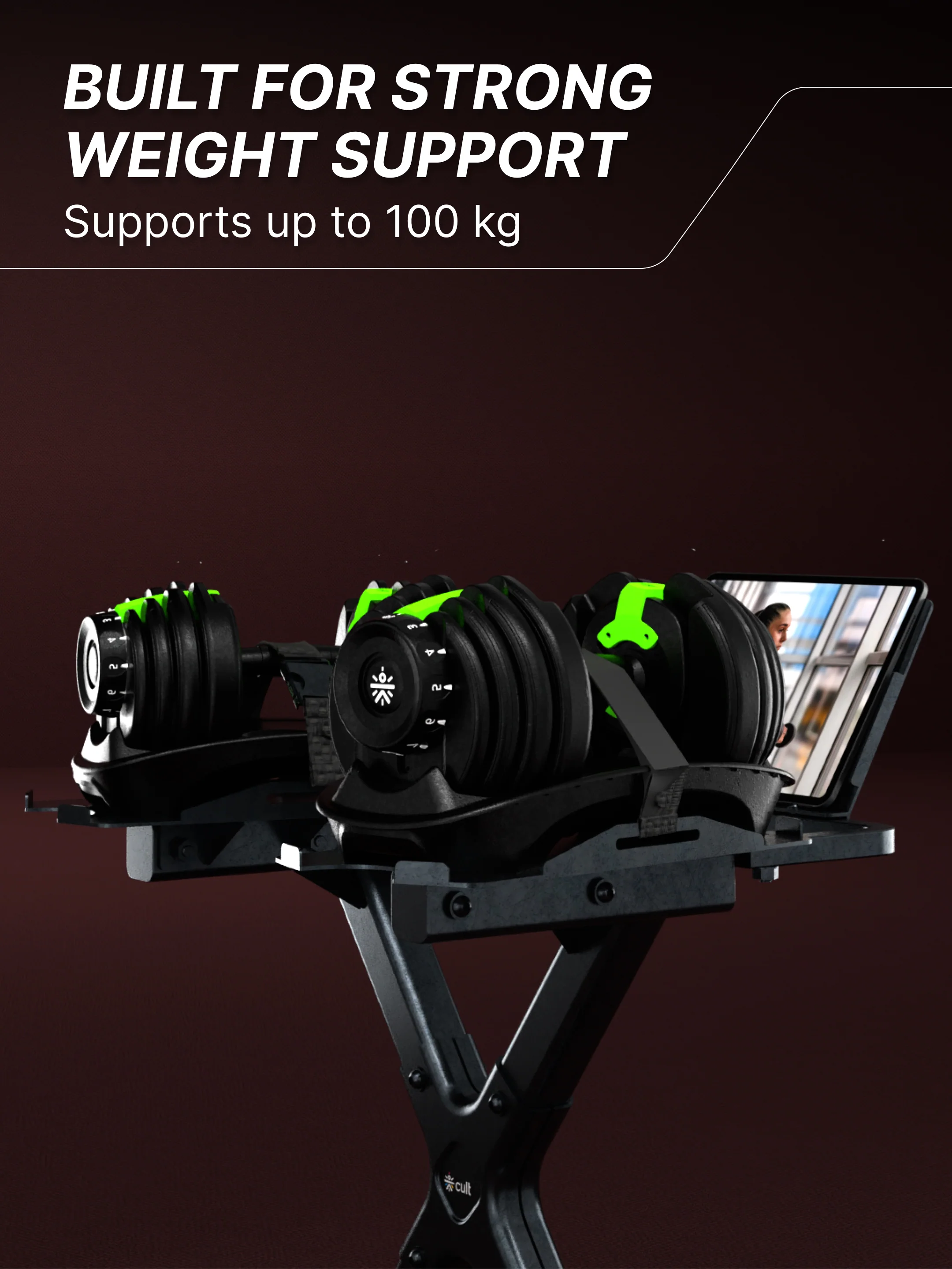 Cult Dumbbell Stand | 100 KG Weight Capacity with Wheels & Tablet Holder | Protected Edges | Compact Home Gym Storage (6 Months extended Warranty only on Cultstore.com) - Image 3