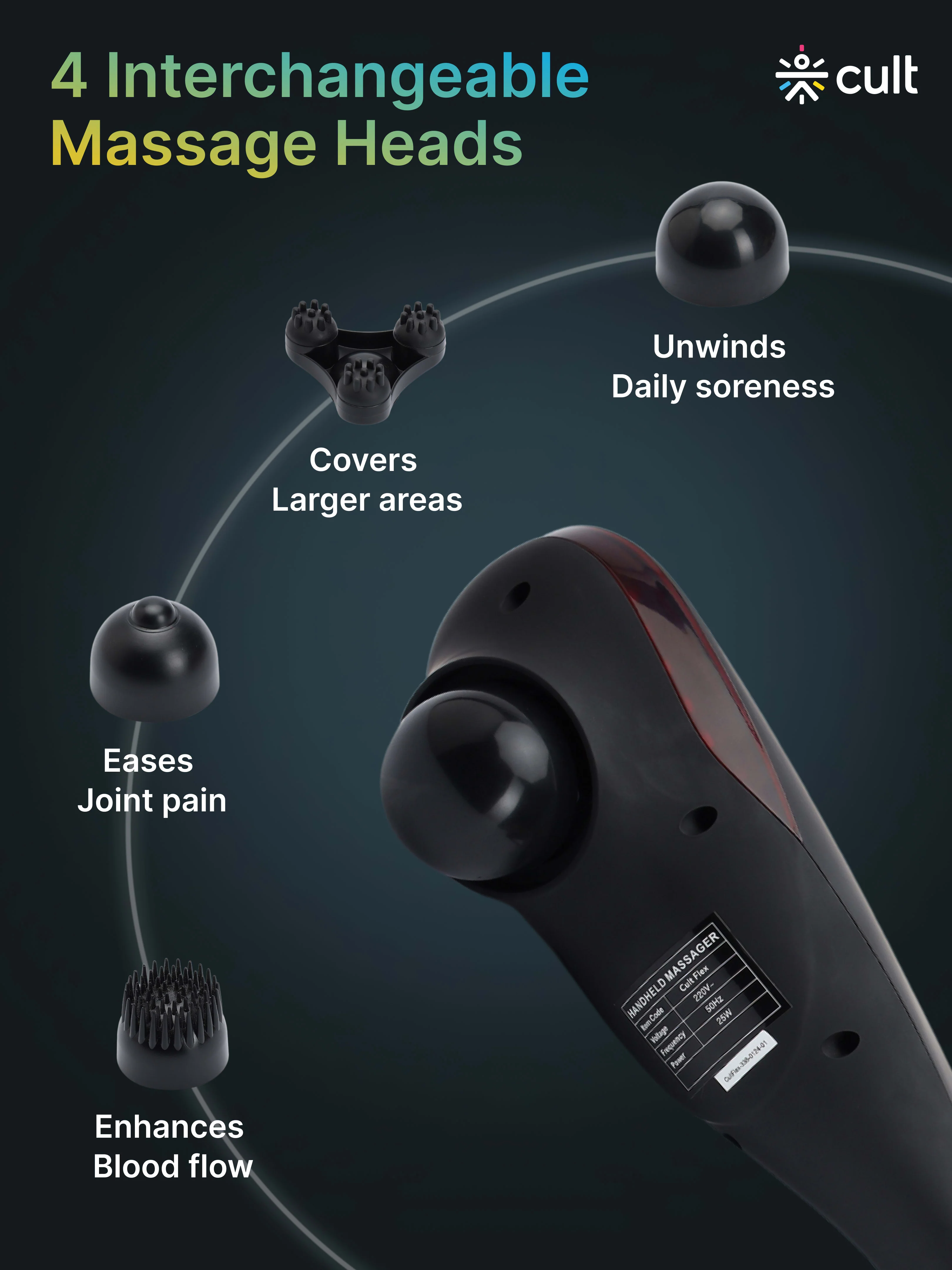 Cult Flex Corded Electric Handheld Full Body Massager with 4 Interchangeable Heads and Adjustable Speed Settings for Pain Relief and Relaxation - Image 4