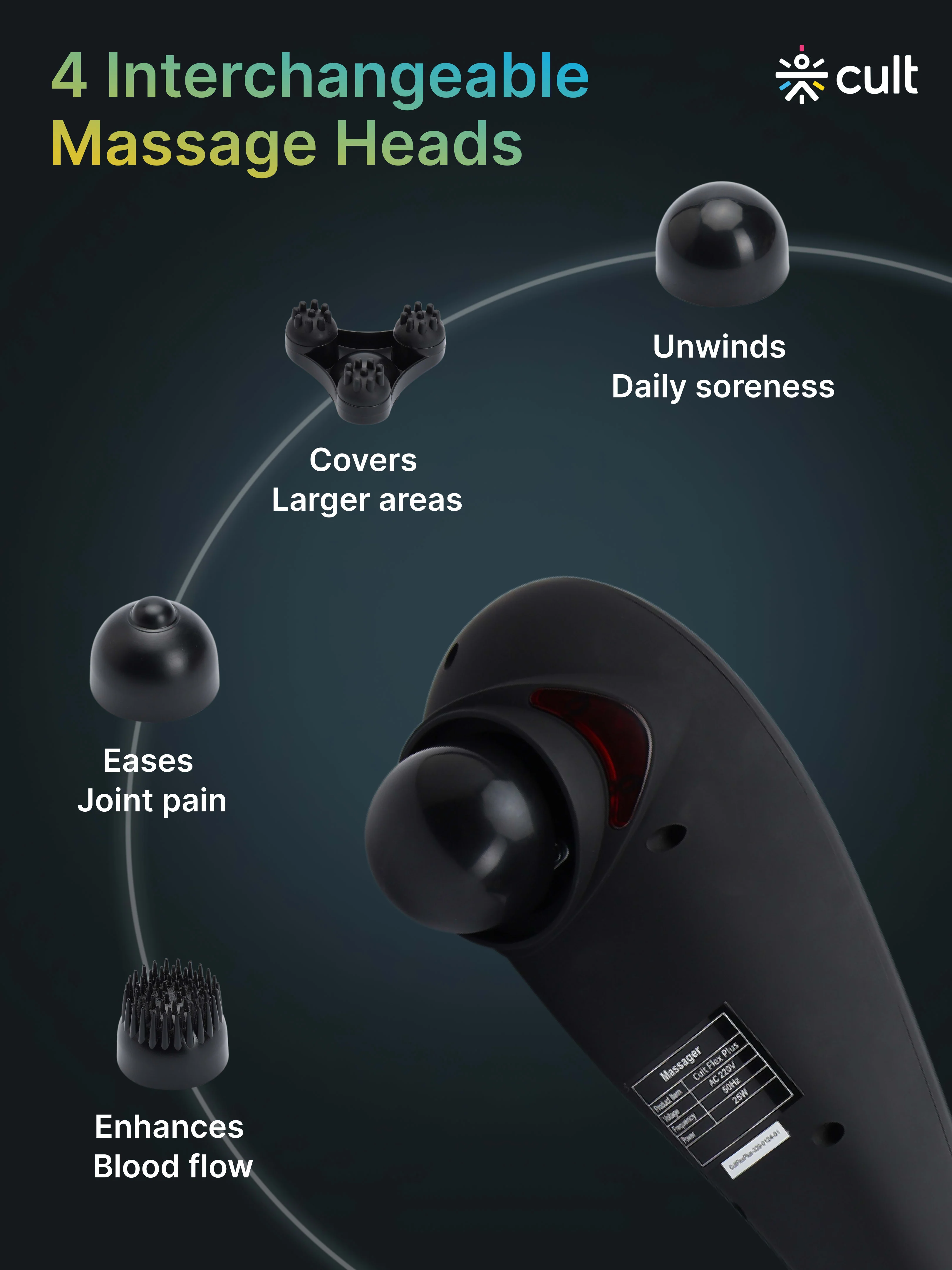 Cult Flex Plus Corded Electric Handheld Full Body Massager with 4 Interchangeable Heads, 6 modes, and 6 Adjustable Speed Settings for Pain Relief and Relaxation - Image 4