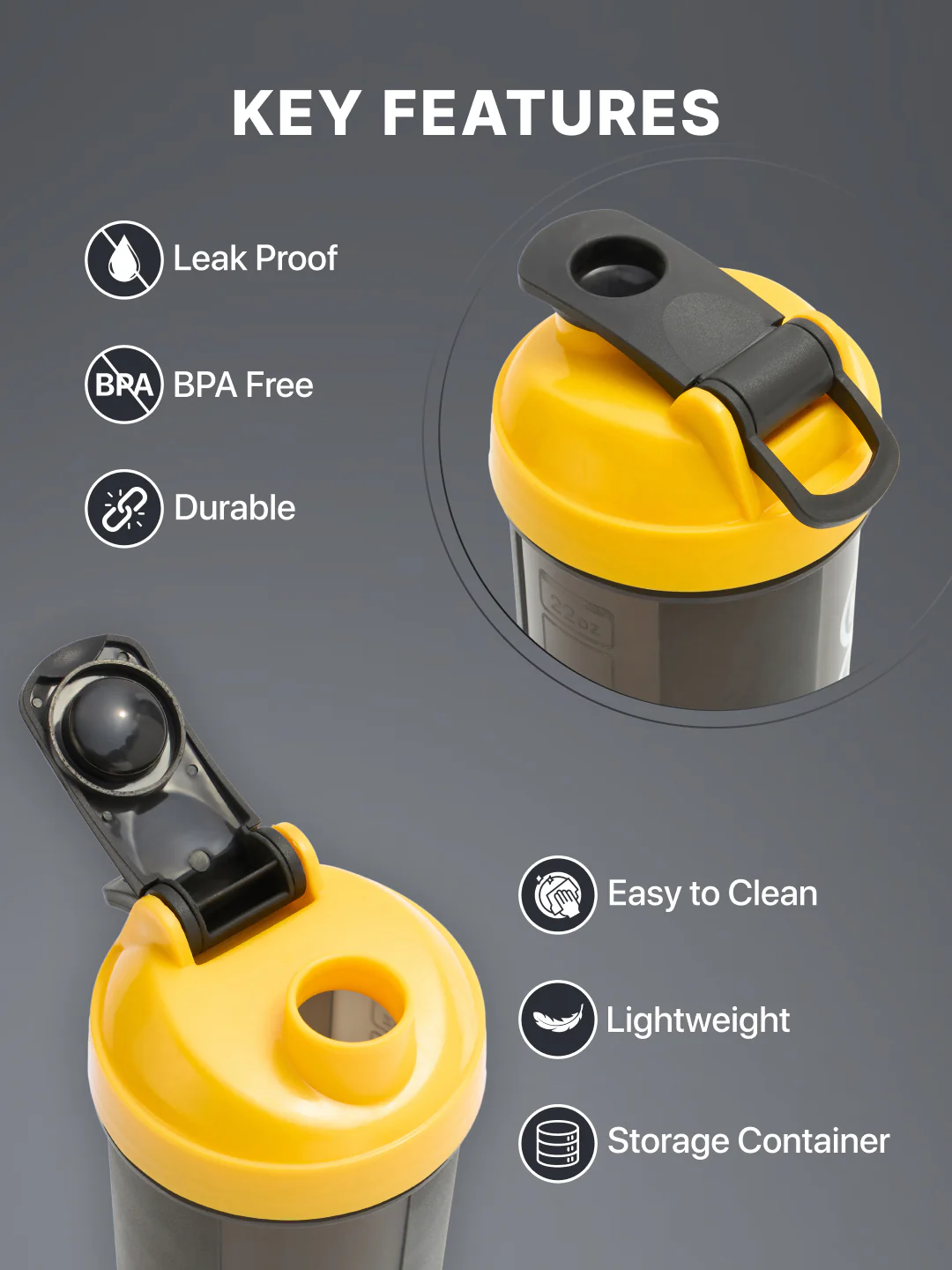 cult Gym Shaker Bottle 700ml Shaker Bottle For Protein Shake Leakproof Protein Shaker Sipper Bottle Ideal For Protein, Pre Workout And Gym Shaker Bottle for Men & Women Black Yellow - Image 3