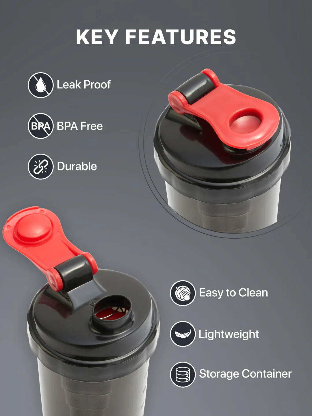 cult Gym Spider Shaker Bottle 550ml Shaker for Protein Shake 2 Storage Compartment Gym Protein Shaker For Workout Shaker Bottle For Men & Women Black Red - Image 3