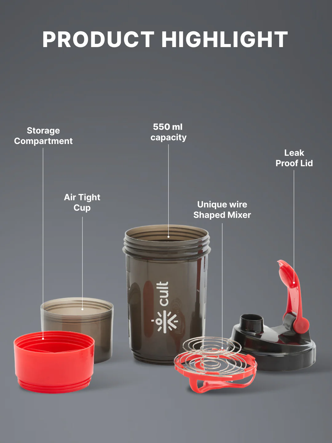 cult Gym Spider Shaker Bottle 550ml Shaker for Protein Shake 2 Storage Compartment Gym Protein Shaker For Workout Shaker Bottle For Men & Women Black Red - Image 4