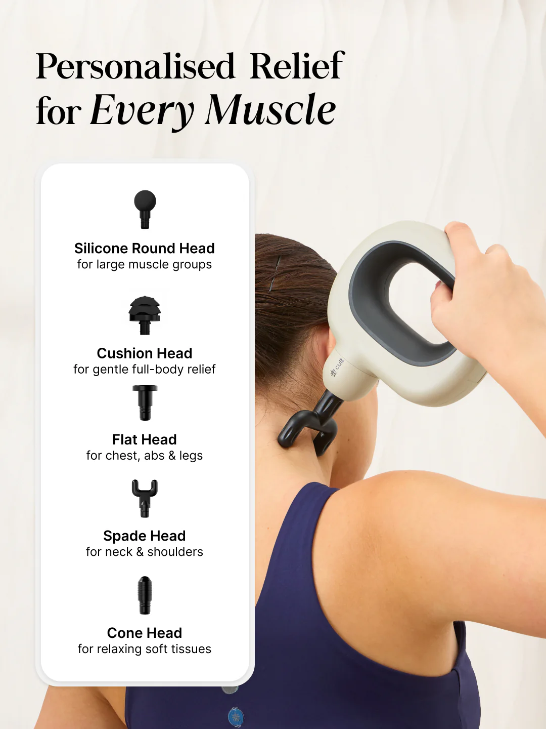 Cult Halo Premium Full Body Gun Massager with Multi-Grip Handle, 5 Massage Heads & 6 Adjustable Speeds, 3 hour battery, Cream - Image 5