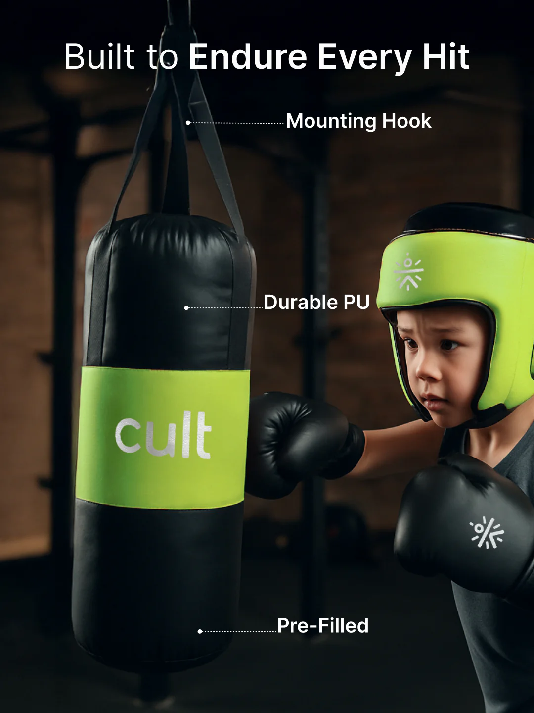 cult Kids Boxing Kit - Punching bag, Boxing Gloves and Head gear Green - Image 4