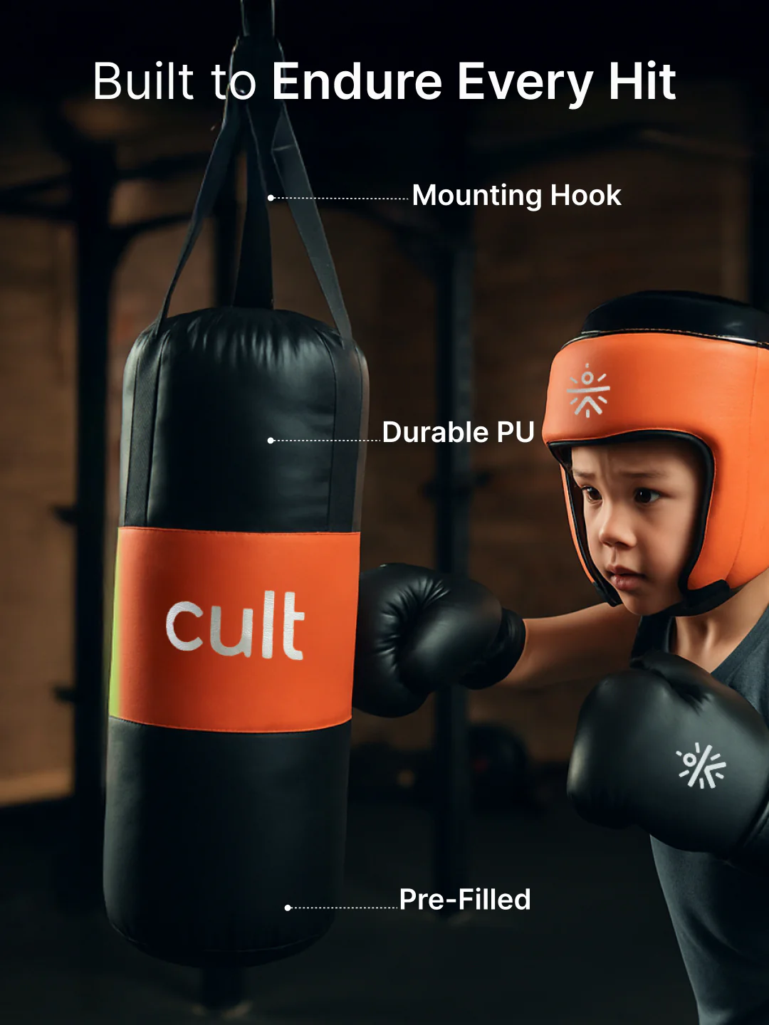 cult Kids Boxing Kit - Punching bag, Boxing Gloves and Head gear Orange - Image 4