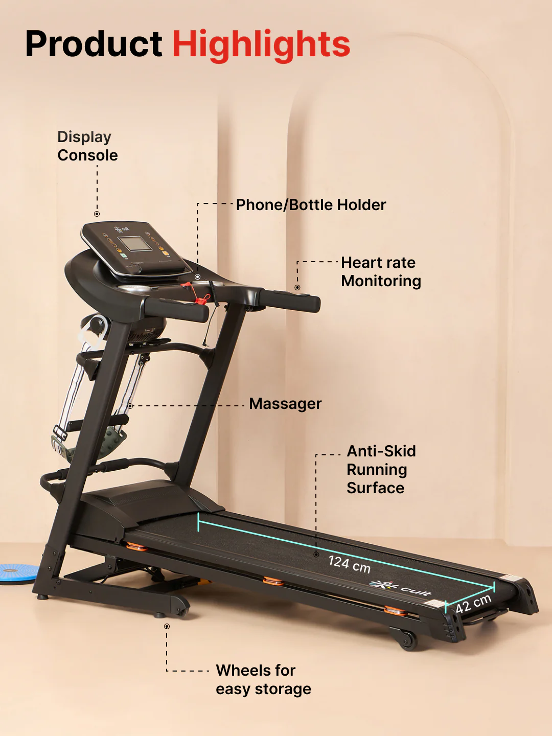 CultRunM4Auto 5 HP Peak Treadmill | 15-level Auto-Incline & Massager | Max Weight-120kg | Max Speed-14.8kmph (with 6 Months Extended Warranty) - Image 3