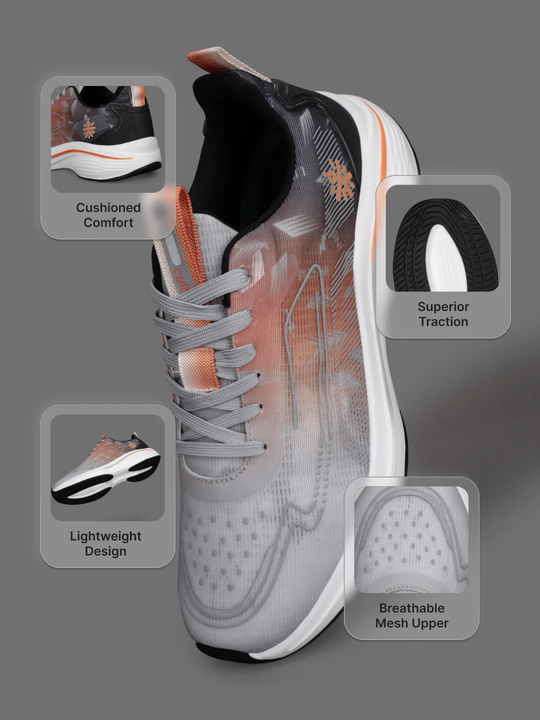 cult Men's Xypher Running Shoes - D.Grey/Orange - Image 6