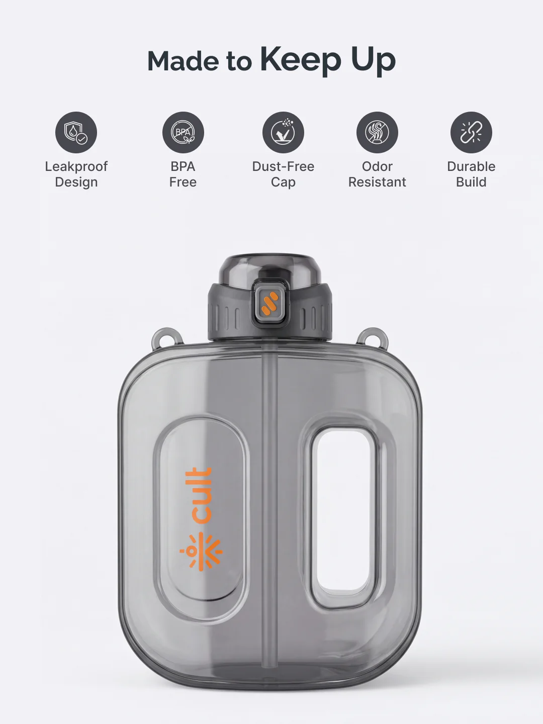 Cult Mini Gallon 1.8L Water Bottle with Straw & Strap BPA-Free Leakproof Gym Bottle 1800ml Hydration Bottle Black - Image 3