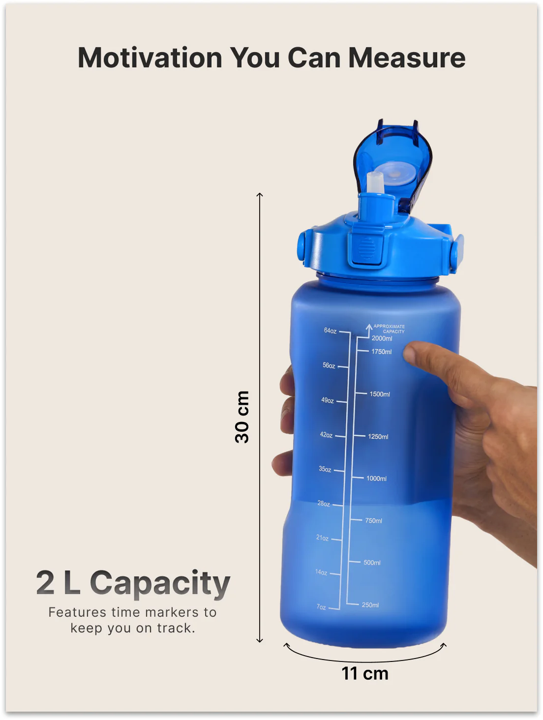 CULT Motivational Water Bottle 2L with Time Marker & Straw Large BPA-Free Gym Sipper Bottle, Portable Sports Water Bottle for Men & Women (Blue) - Image 2