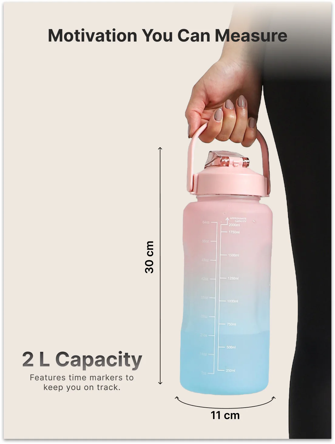 CULT Motivational Water Bottle 2L with Time Marker & Straw Large BPA-Free Gym Sipper Bottle, Portable Sports Water Bottle for Men & Women (Pink Blue) - Image 2