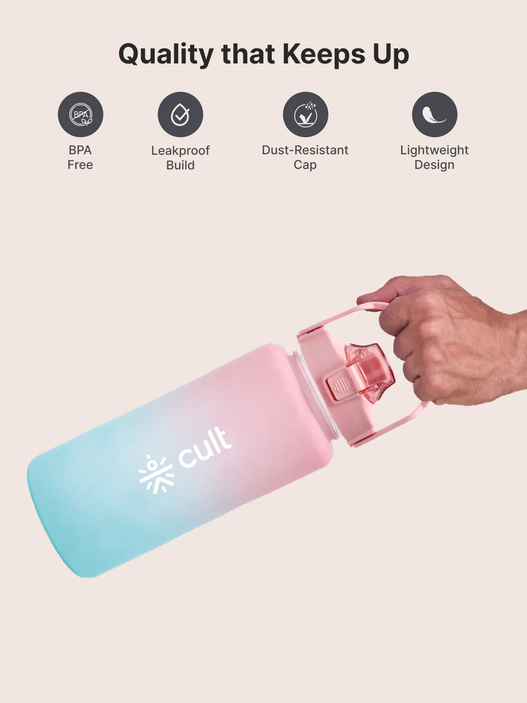 CULT Motivational Water Bottle 2L with Time Marker & Straw Large BPA-Free Gym Sipper Bottle, Portable Sports Water Bottle for Men & Women (Pink Blue) - Image 5