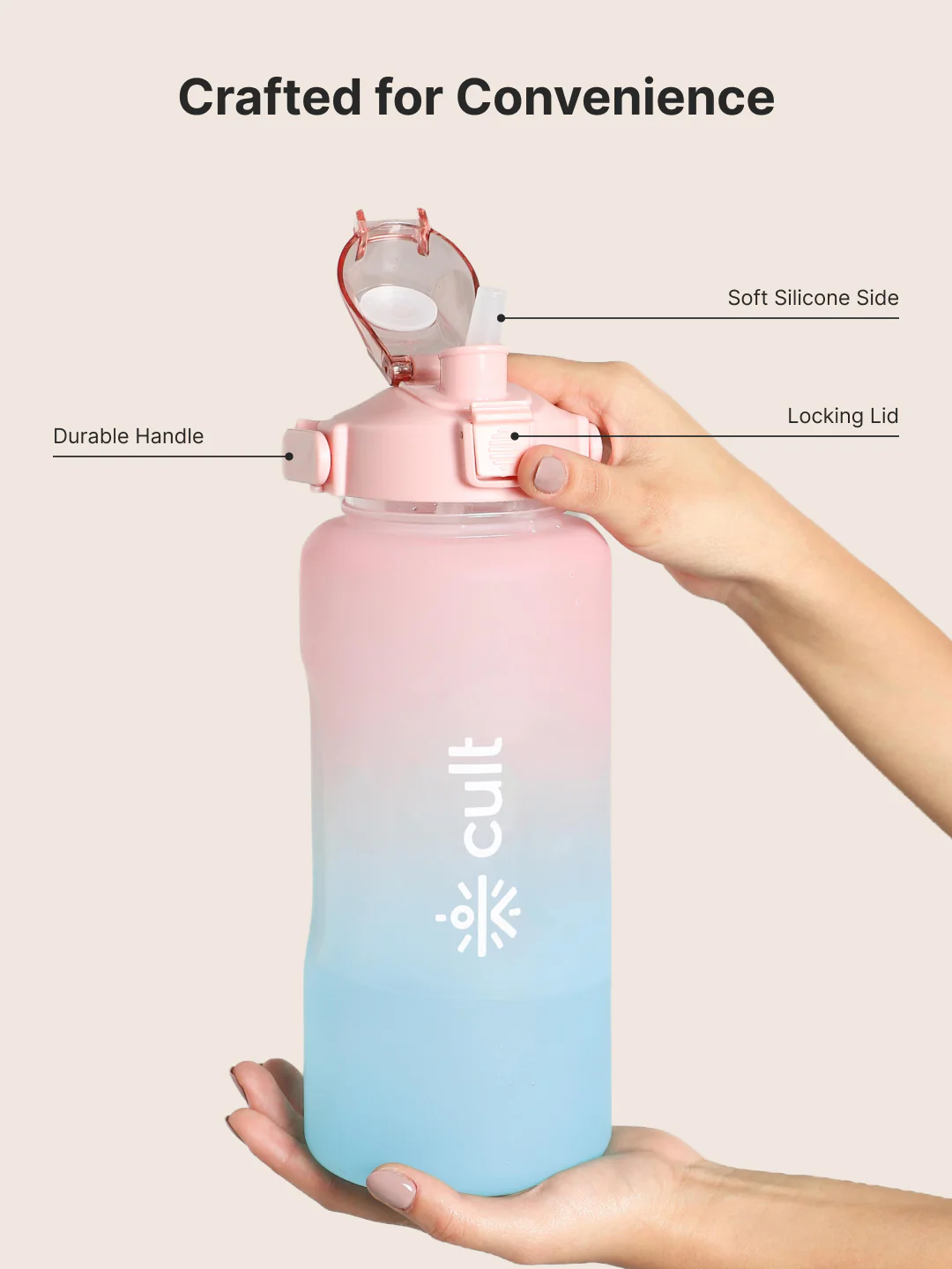 CULT Motivational Water Bottle 2L with Time Marker & Straw Large BPA-Free Gym Sipper Bottle, Portable Sports Water Bottle for Men & Women (Pink Blue) - Image 6