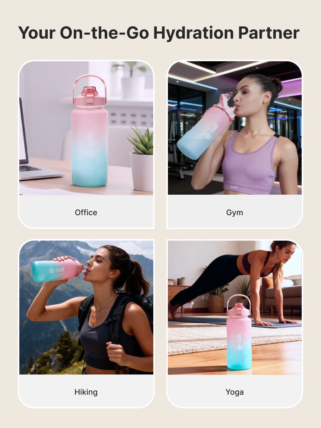 CULT Motivational Water Bottle 2L with Time Marker & Straw Large BPA-Free Gym Sipper Bottle, Portable Sports Water Bottle for Men & Women (Pink Blue) - Image 7