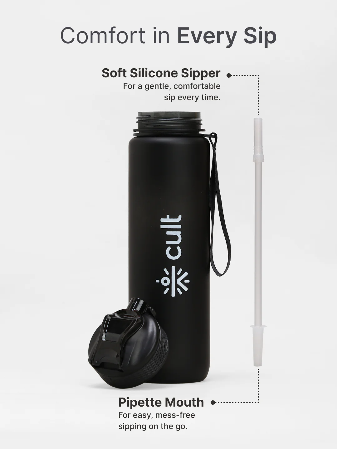 cult Motivational Bottle 1L Unisex Time Mark Sipper with Straw Black - Image 4