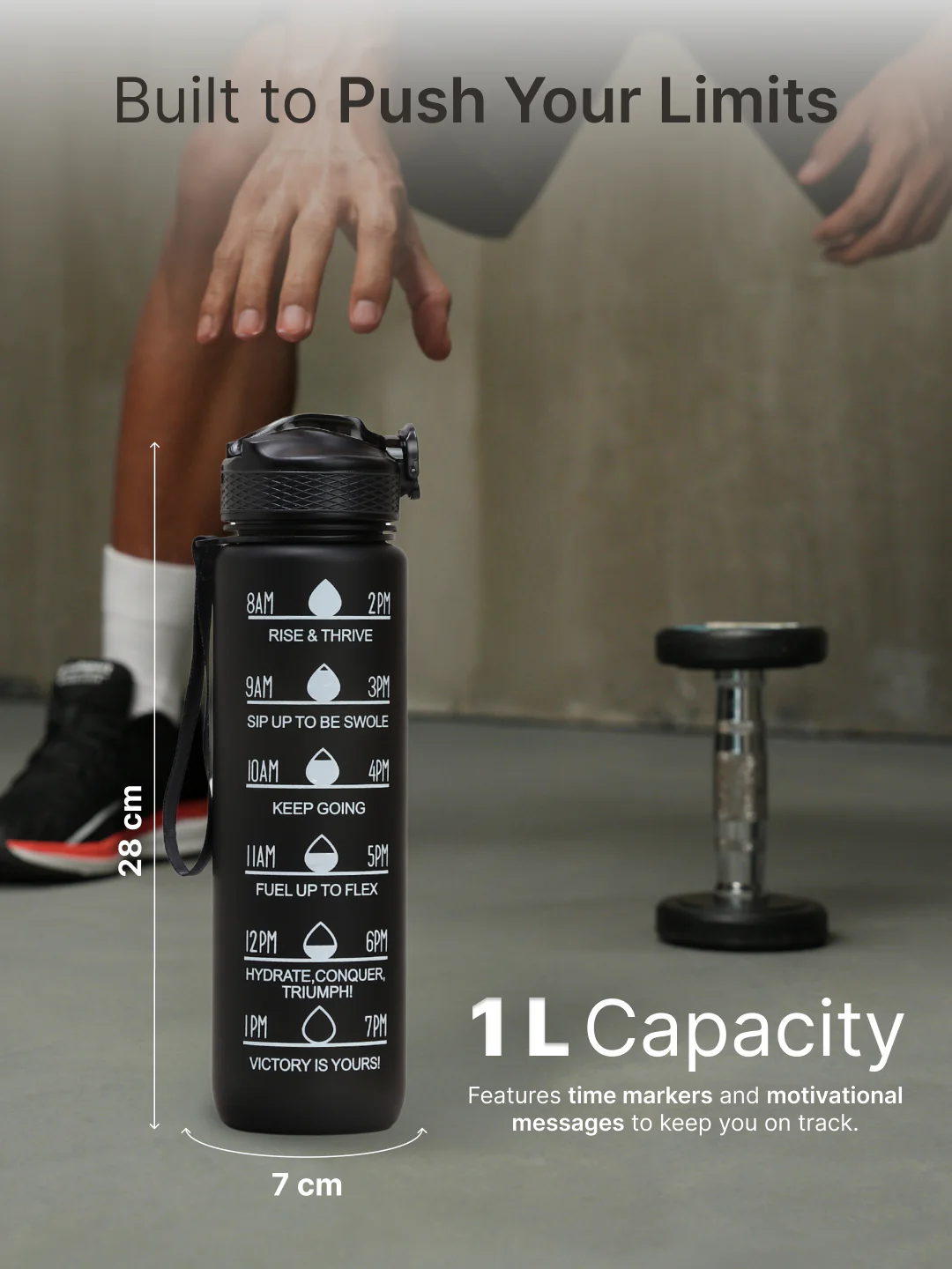 cult Motivational Bottle 1L Unisex Time Mark Sipper with Straw Black - Image 5