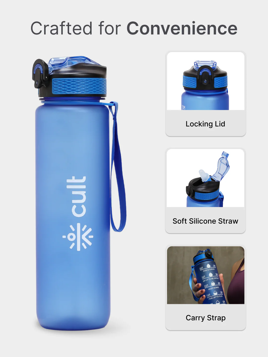 cult Motivational Bottle 1L Unisex Time Mark Sipper with Straw Blue - Image 4
