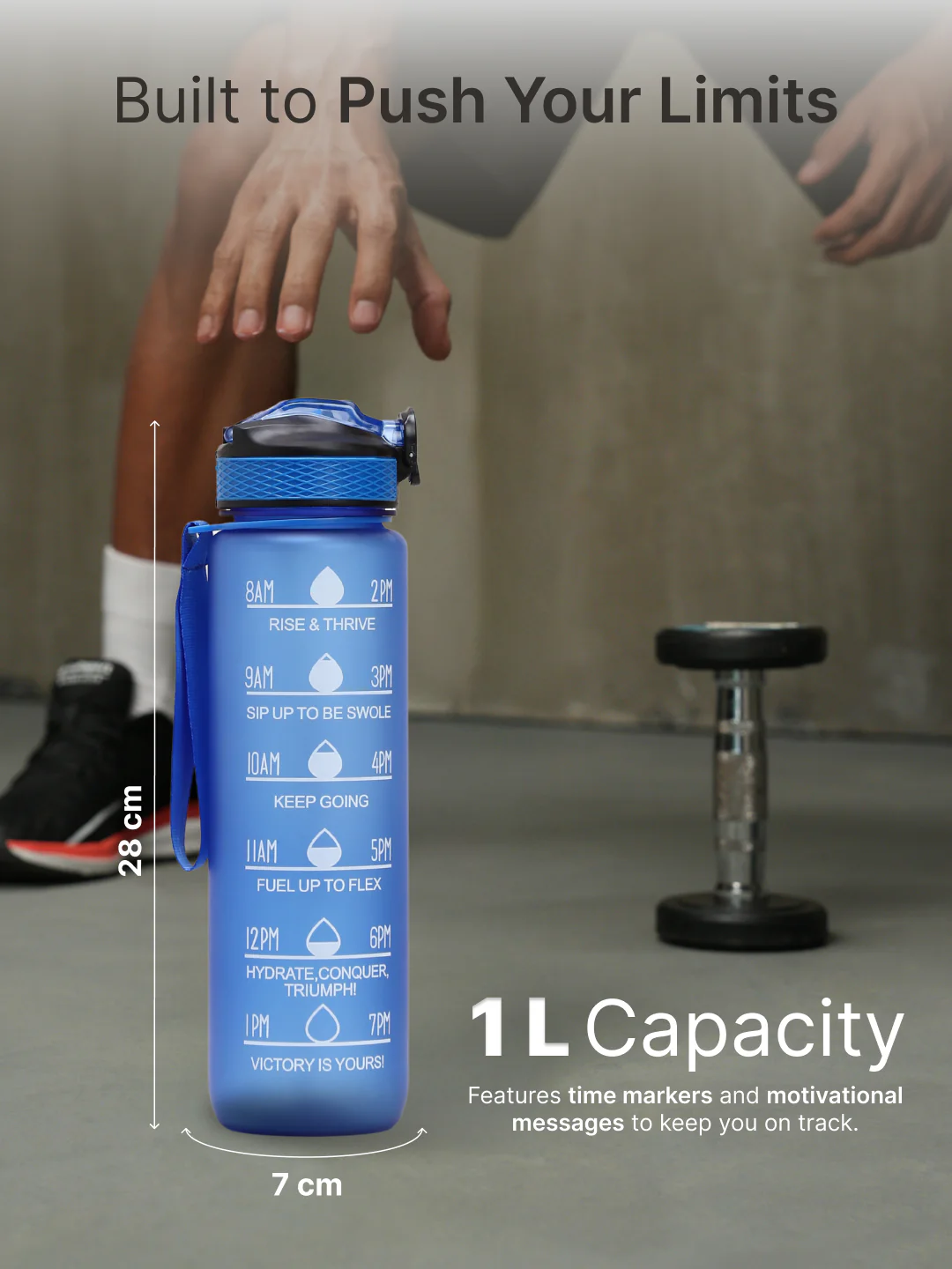 cult Motivational Bottle 1L Unisex Time Mark Sipper with Straw Blue - Image 6