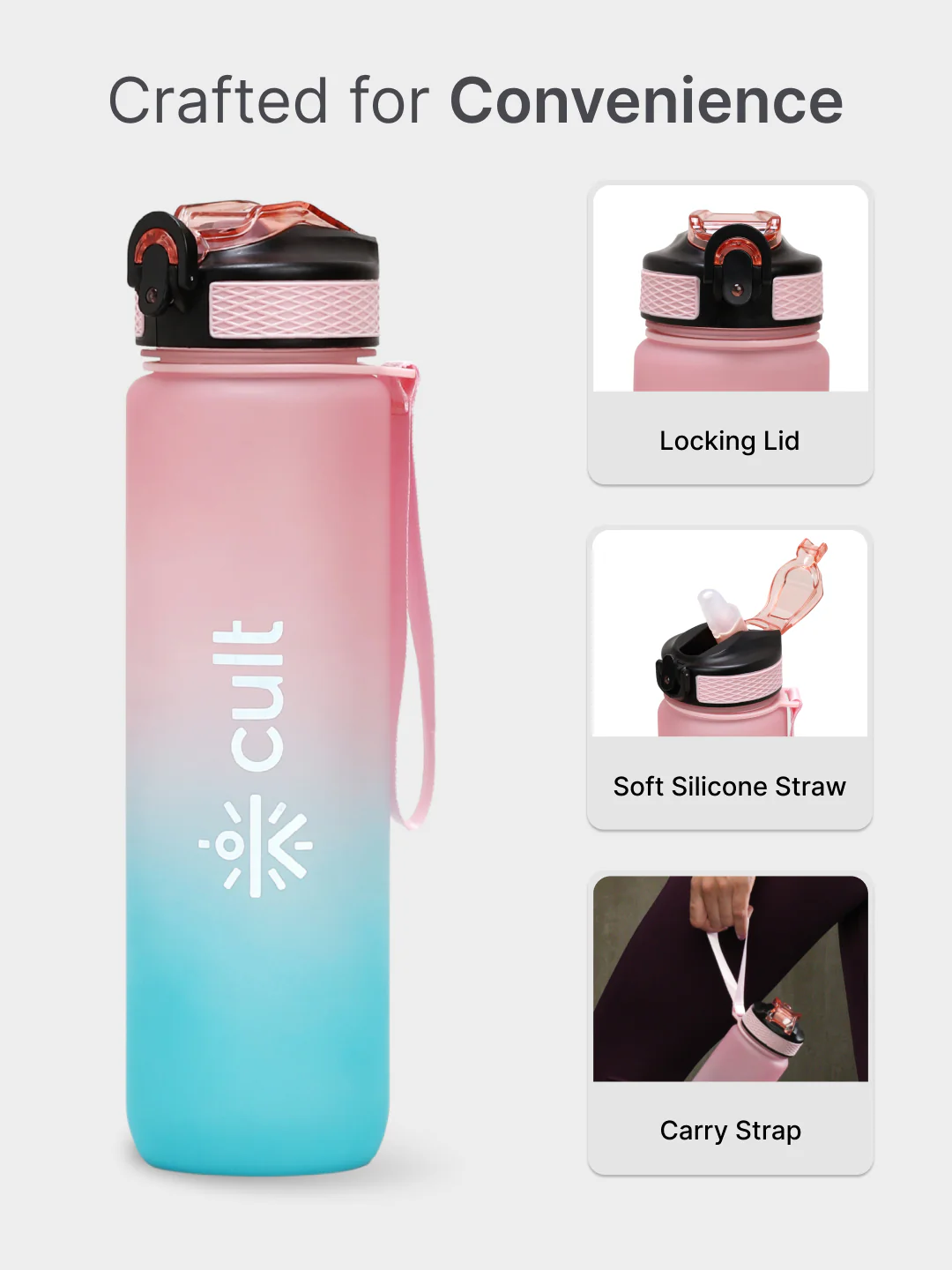 cult Motivational Bottle 1L Unisex Time Mark Sipper with Straw Blue Pink - Image 4