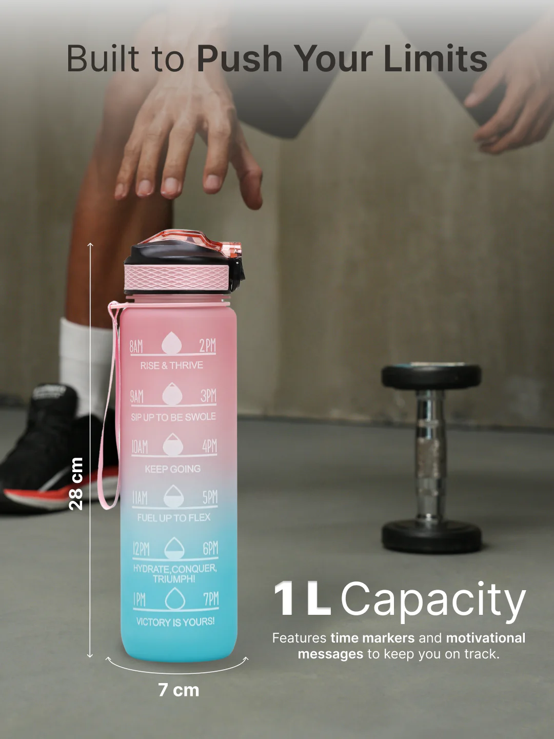 cult Motivational Bottle 1L Unisex Time Mark Sipper with Straw Blue Pink - Image 6