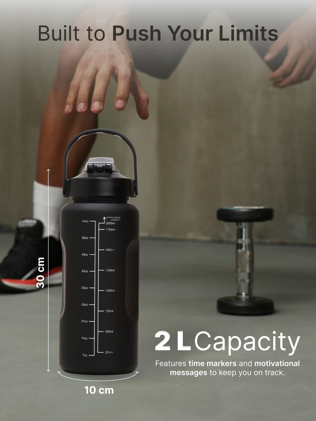 cult Motivational Bottle 2L Unisex Time Mark Sipper with Straw Black - Image 5
