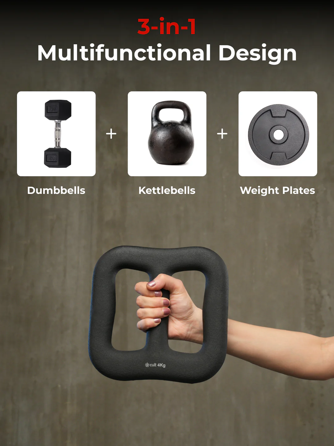Cult MultiFlex 4KG 3-in-1 Neoprene Coated Weight | Use as Kettlebell, Dumbbell & Weight Plate | Ideal for Full Body Workouts - Image 3