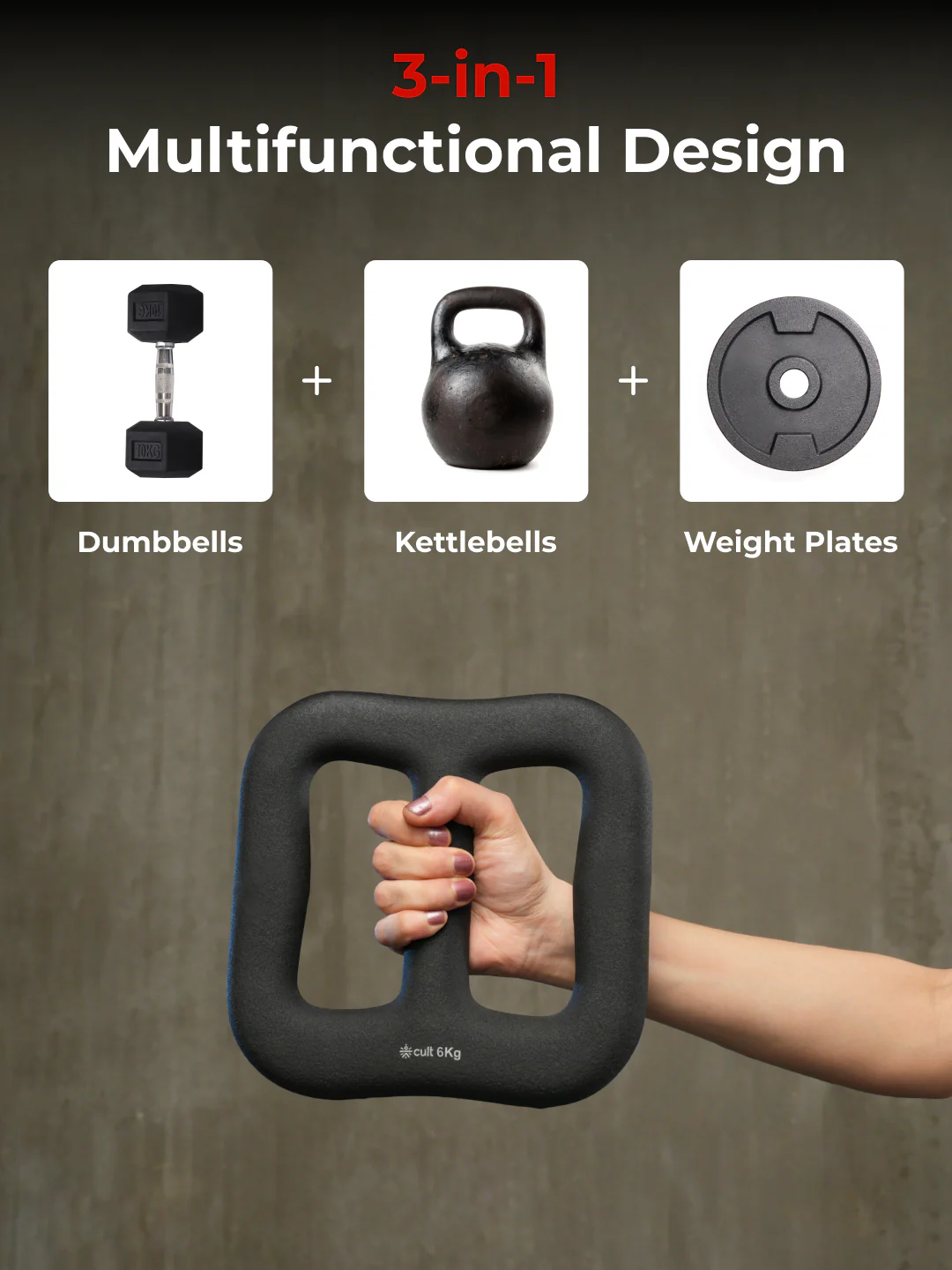 Cult MultiFlex 6KG 3-in-1 Neoprene Coated Weight | Use as Kettlebell, Dumbbell & Weight Plate | Ideal for Full Body Workouts - Image 3