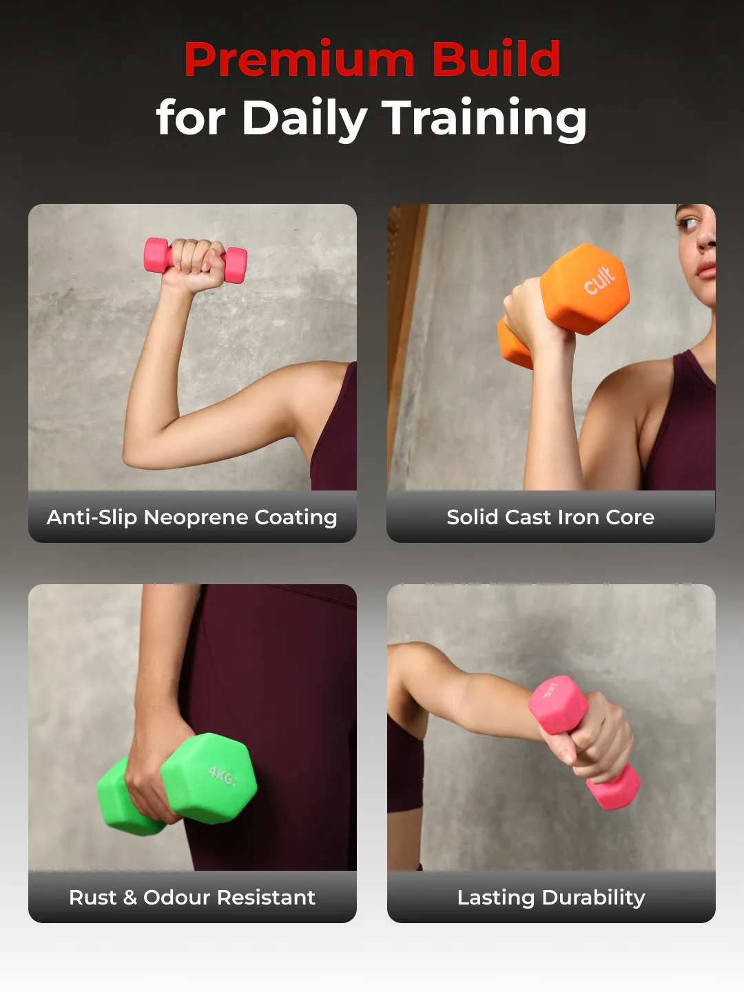 Cult Neoprene Dumbbells Combo for Home Gym Exercise (1kg + 3kg + 4kg Set) 16kg | Dumbbells with Rack - Image 5