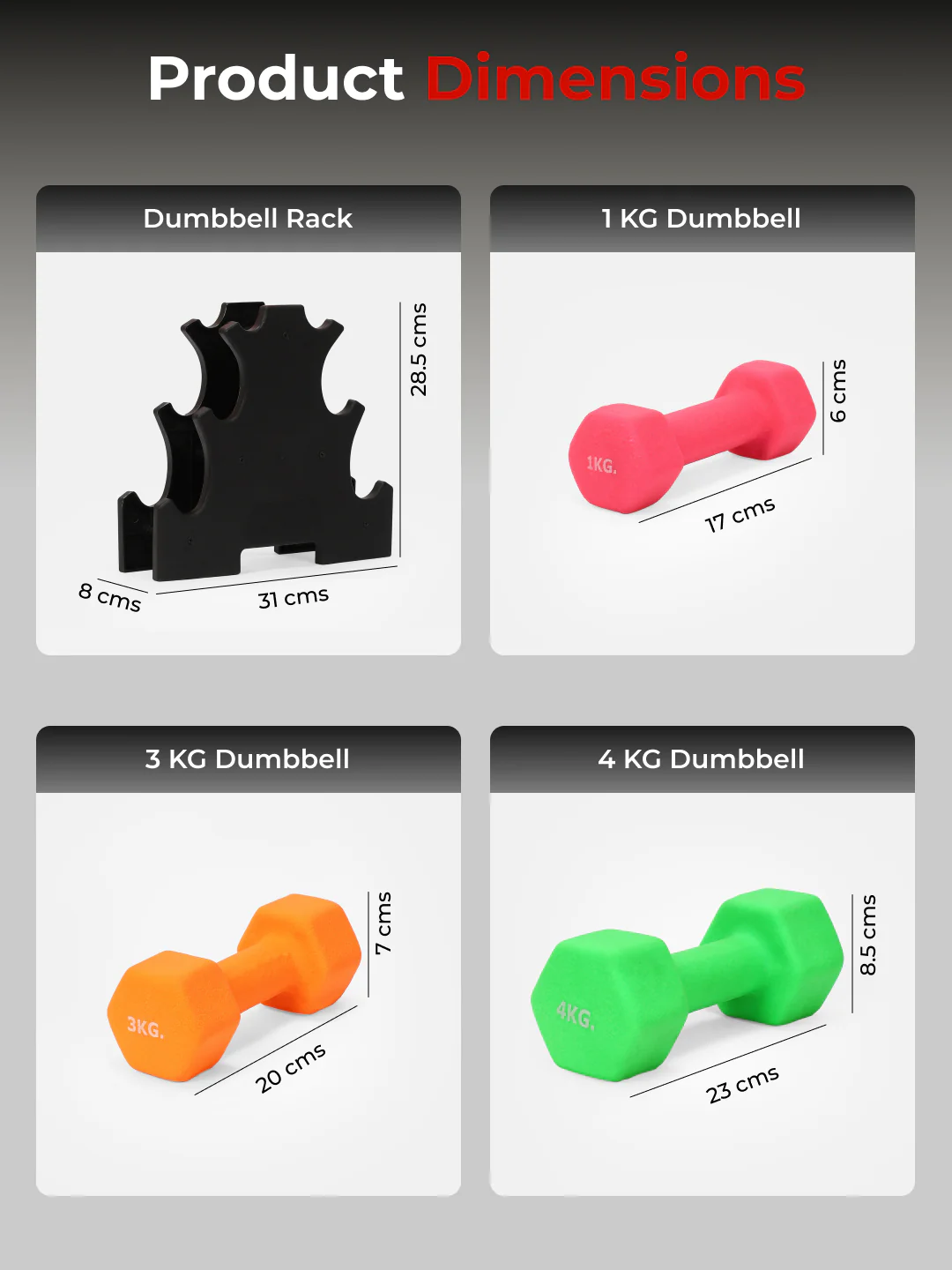 Cult Neoprene Dumbbells Combo for Home Gym Exercise (1kg + 3kg + 4kg Set) 16kg | Dumbbells with Rack - Image 7