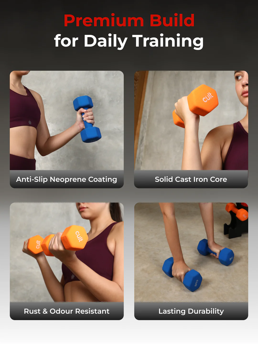 Cult Neoprene Dumbbells Combo for Home Gym Exercise (2kg + 3kg + 5kg Set) 20kg | Dumbbells with Rack - Image 5