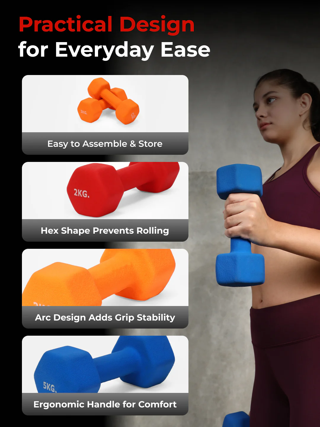 Cult Neoprene Dumbbells Combo for Home Gym Exercise (2kg + 3kg + 5kg Set) 20kg | Dumbbells with Rack - Image 7