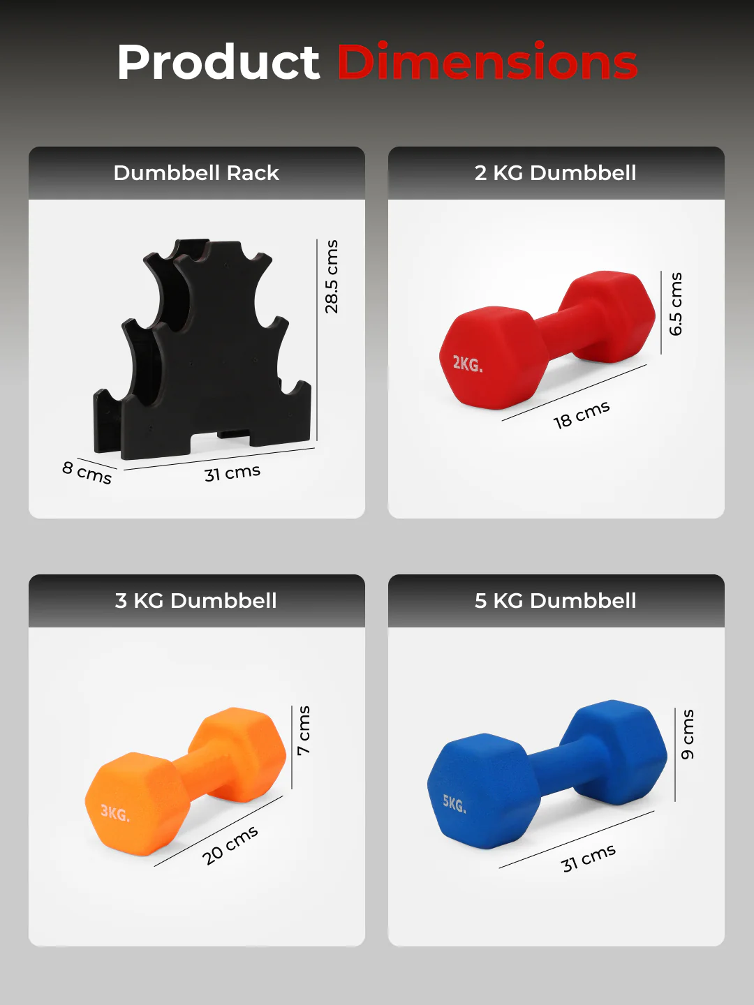 Cult Neoprene Dumbbells Combo for Home Gym Exercise (2kg + 3kg + 5kg Set) 20kg | Dumbbells with Rack - Image 8