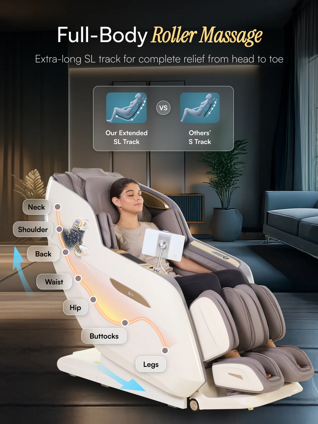Cult Nirvana Advanced 4D Massage Chair with Leg Massager | Extended SL Track | 22 Auto Programs | Waist Heating | Zero-Gravity | AI Voice Control (Beige & White) - (6 Months extended Warranty) - Image 4