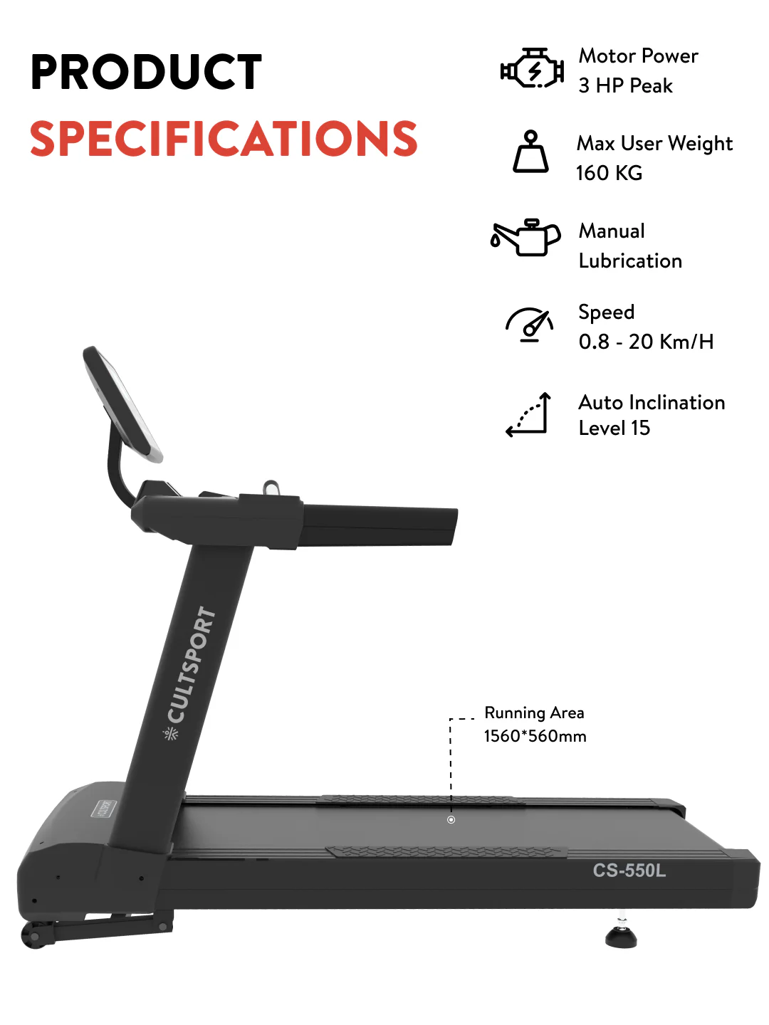 Cult OptiRun Blitz CS550L Treadmill | 3HP Motor Power | Max Weight Support: 160Kg | Max Speed - 20kmph (with 6 months extended warranty) - Image 2