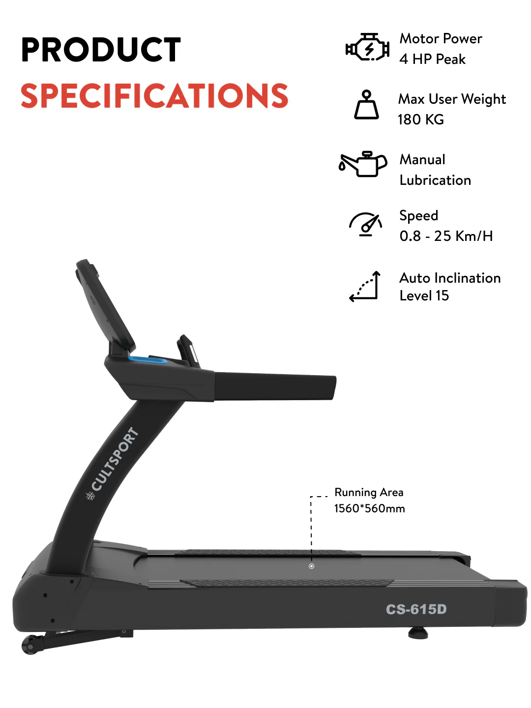 Cult OptiRun Prime CS615D Treadmill | 4HP Motor Power | Max Weight Support: 180Kg | Max Speed - 20kmph (with 6 months extended warranty) - Image 2