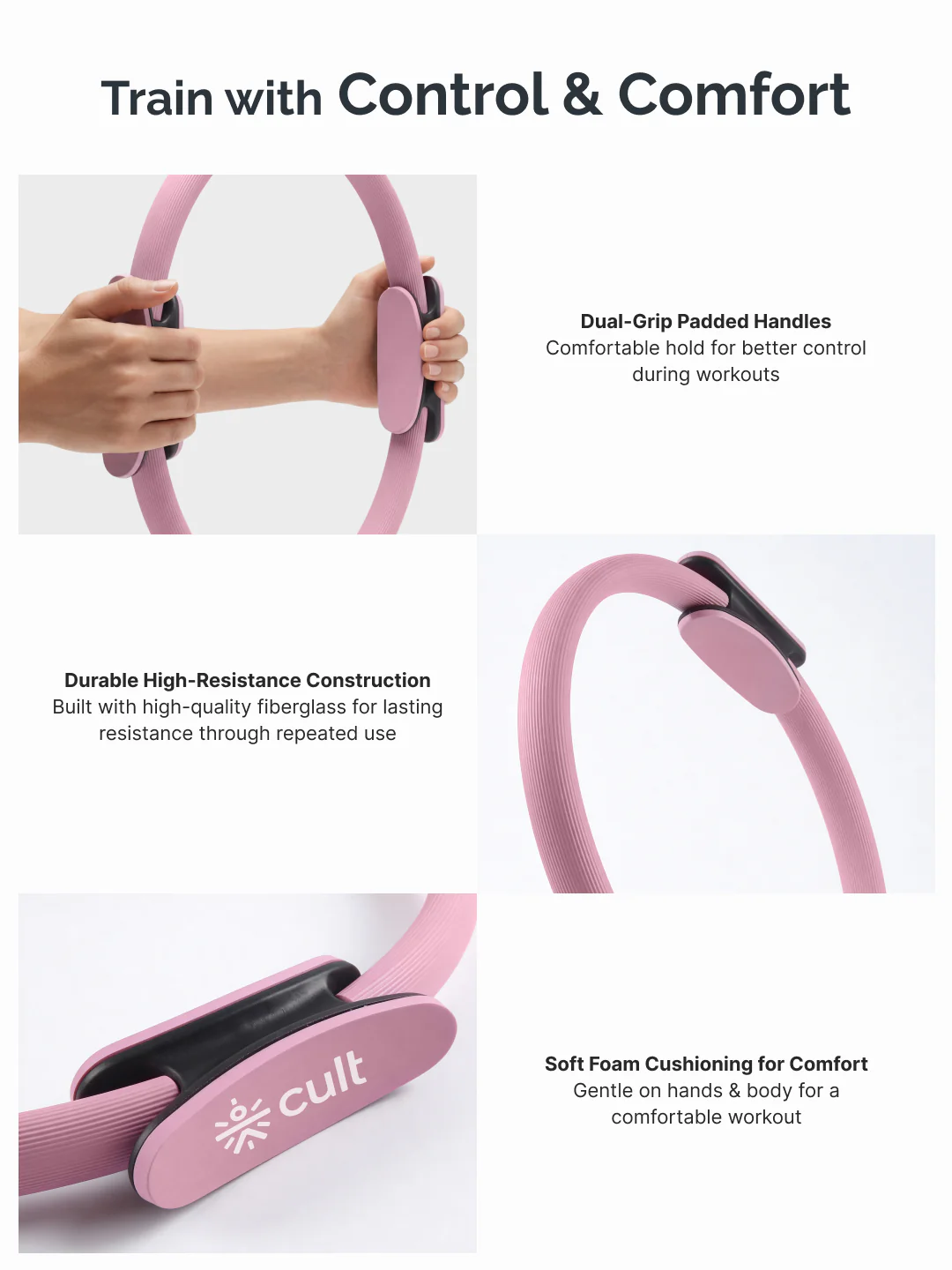 cult Pilates Ring – Durable Fiberglass Magic Circle with Dual-Grip Handles for Full Body Workout, Strength, Flexibility & Toning Pink - Image 4