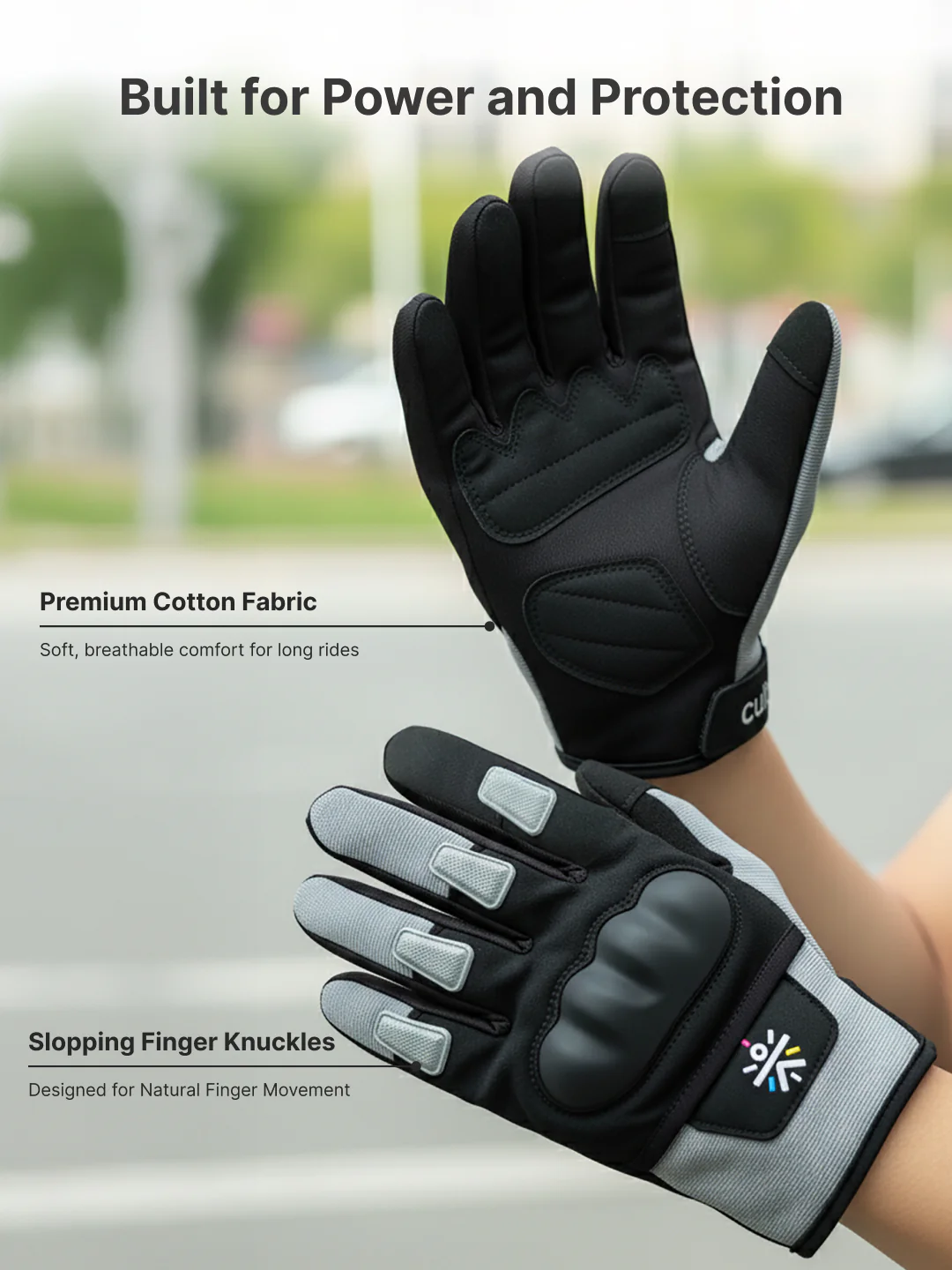 CULT Rider Bike Gloves Grey/Black - Full Finger Motorcycle & Cycling Gloves with Anti-Slip Grip, Breathable Fabric & Comfort Fit - Image 7