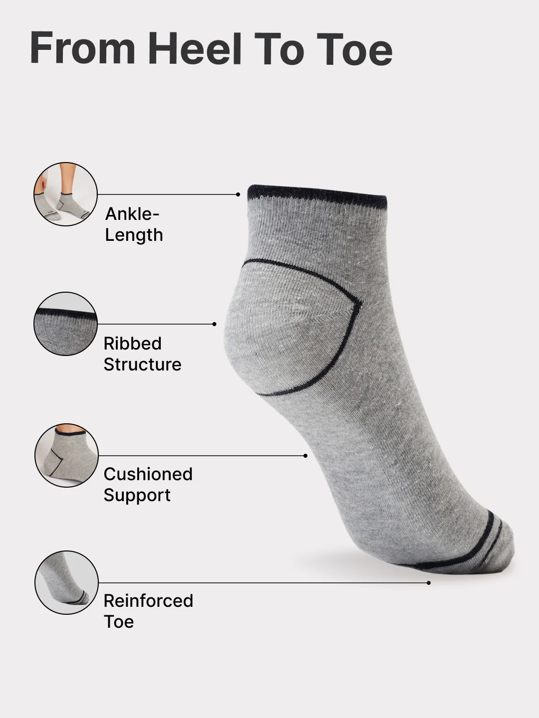 Casual Ankle Length Cotton Pack of 3 Black,White & Grey Socks Men - Image 5
