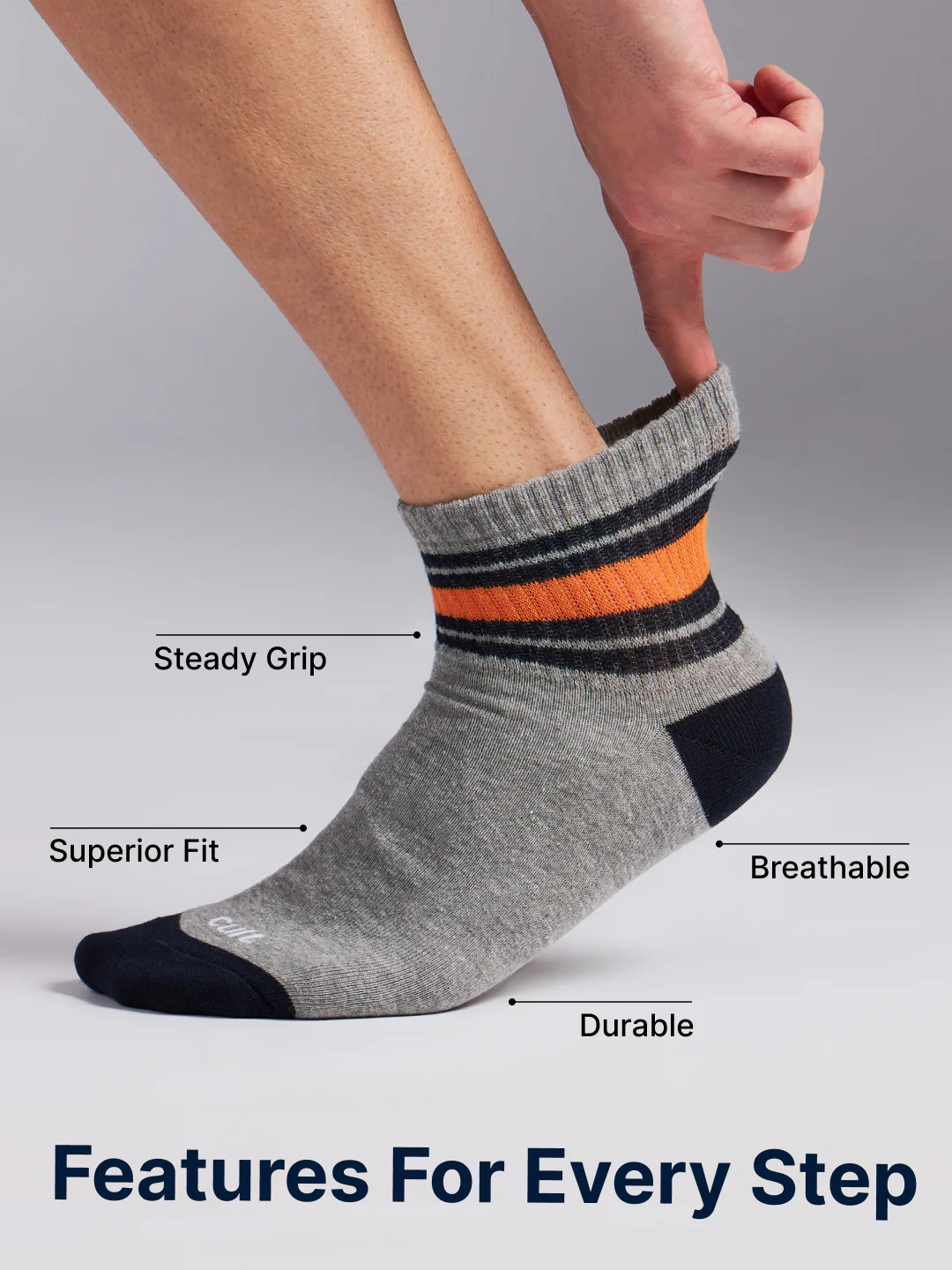 Sports Ankle Length Pack of 3 Grey Men's Cotton Socks - Image 4