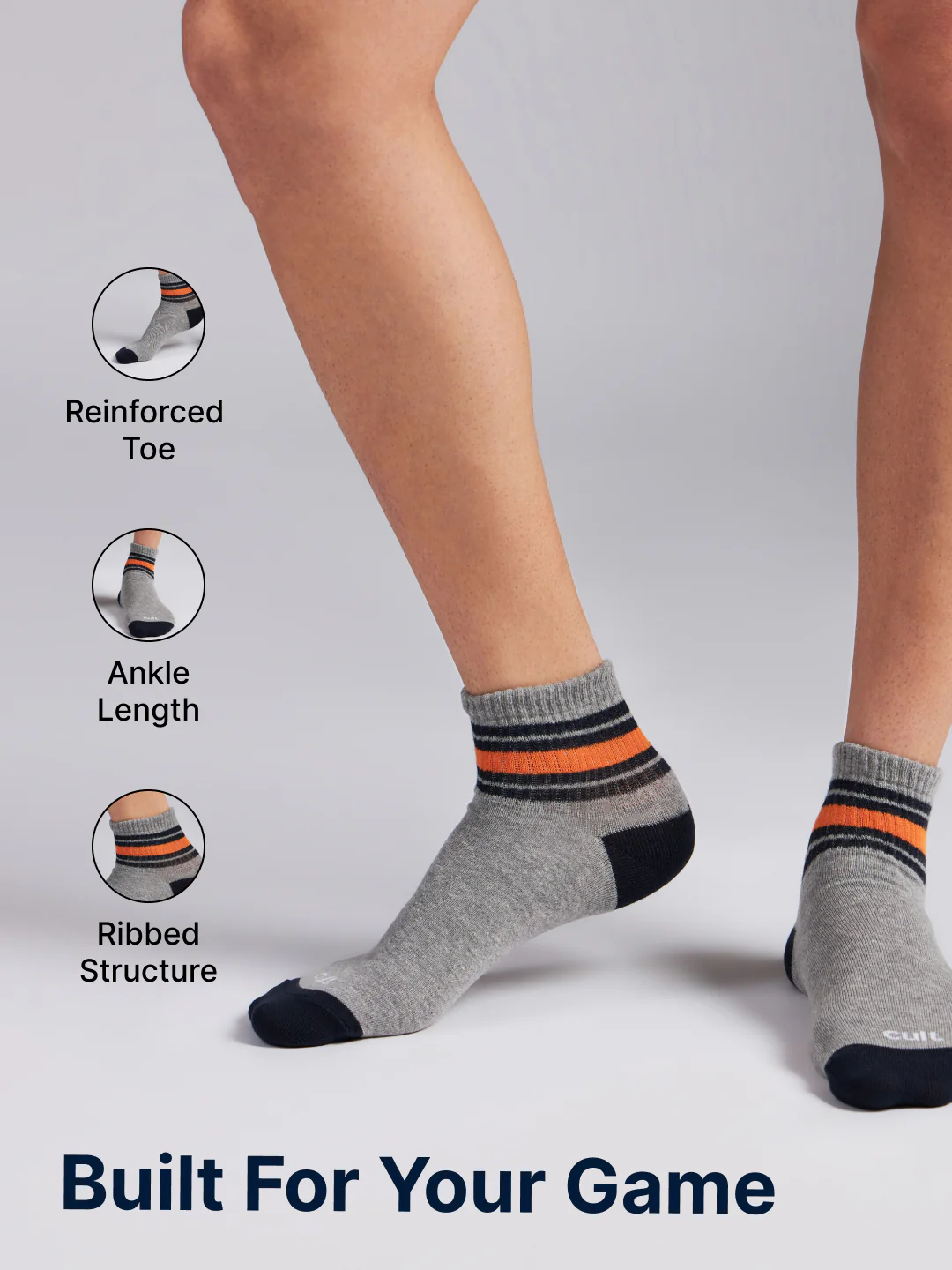 Sports Ankle Length Pack of 3 Grey Men's Cotton Socks - Image 5