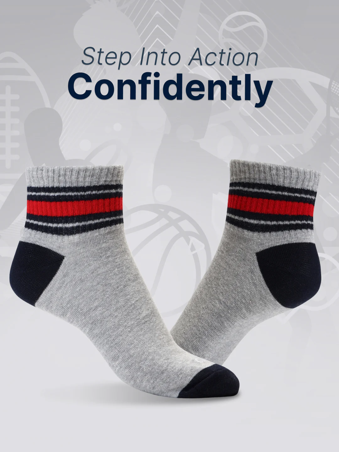 Sports Ankle Length Pack of 3 Grey Patterned Men's Cotton Socks - Image 2