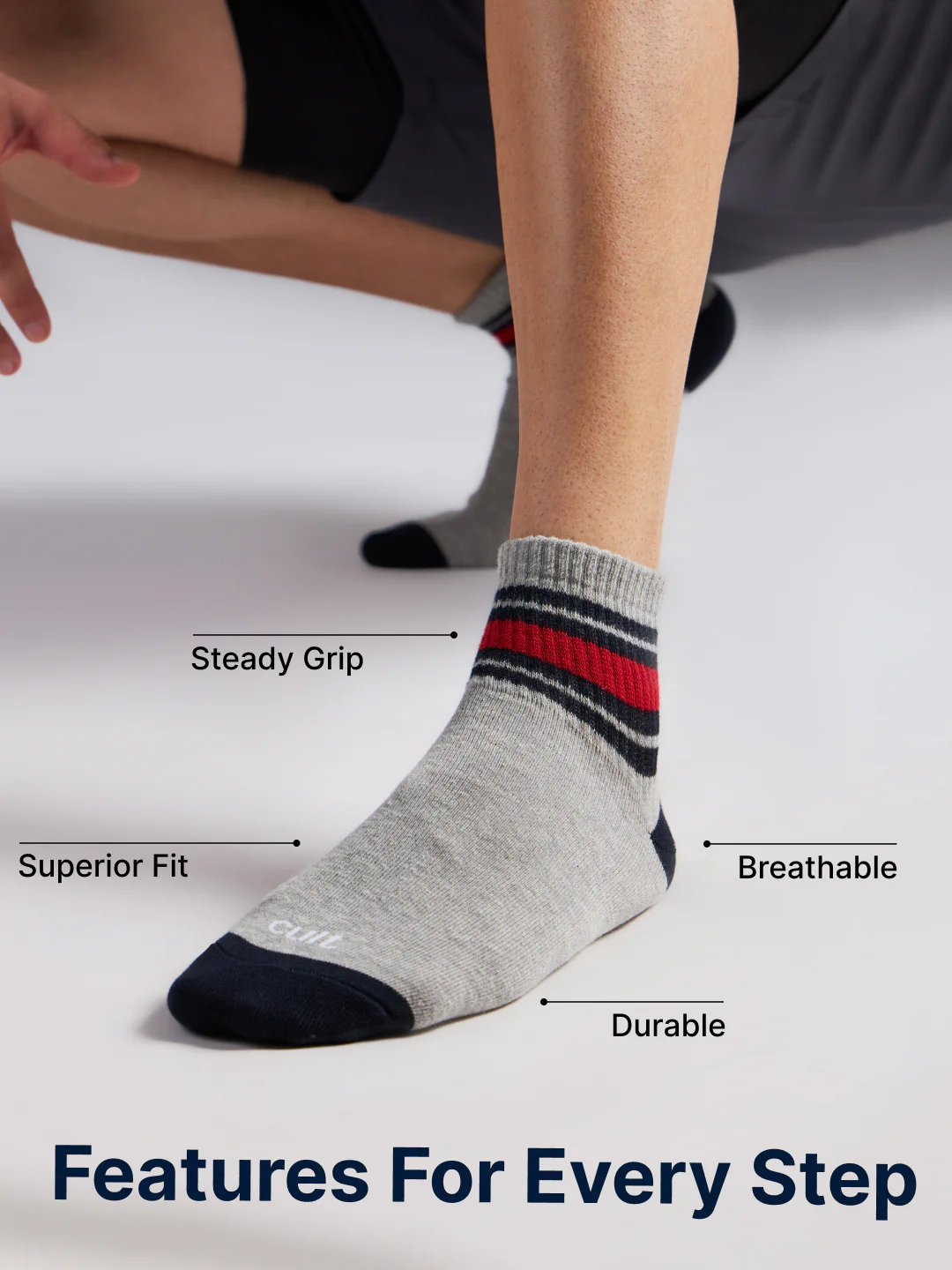 Sports Ankle Length Pack of 3 Grey Patterned Men's Cotton Socks - Image 4