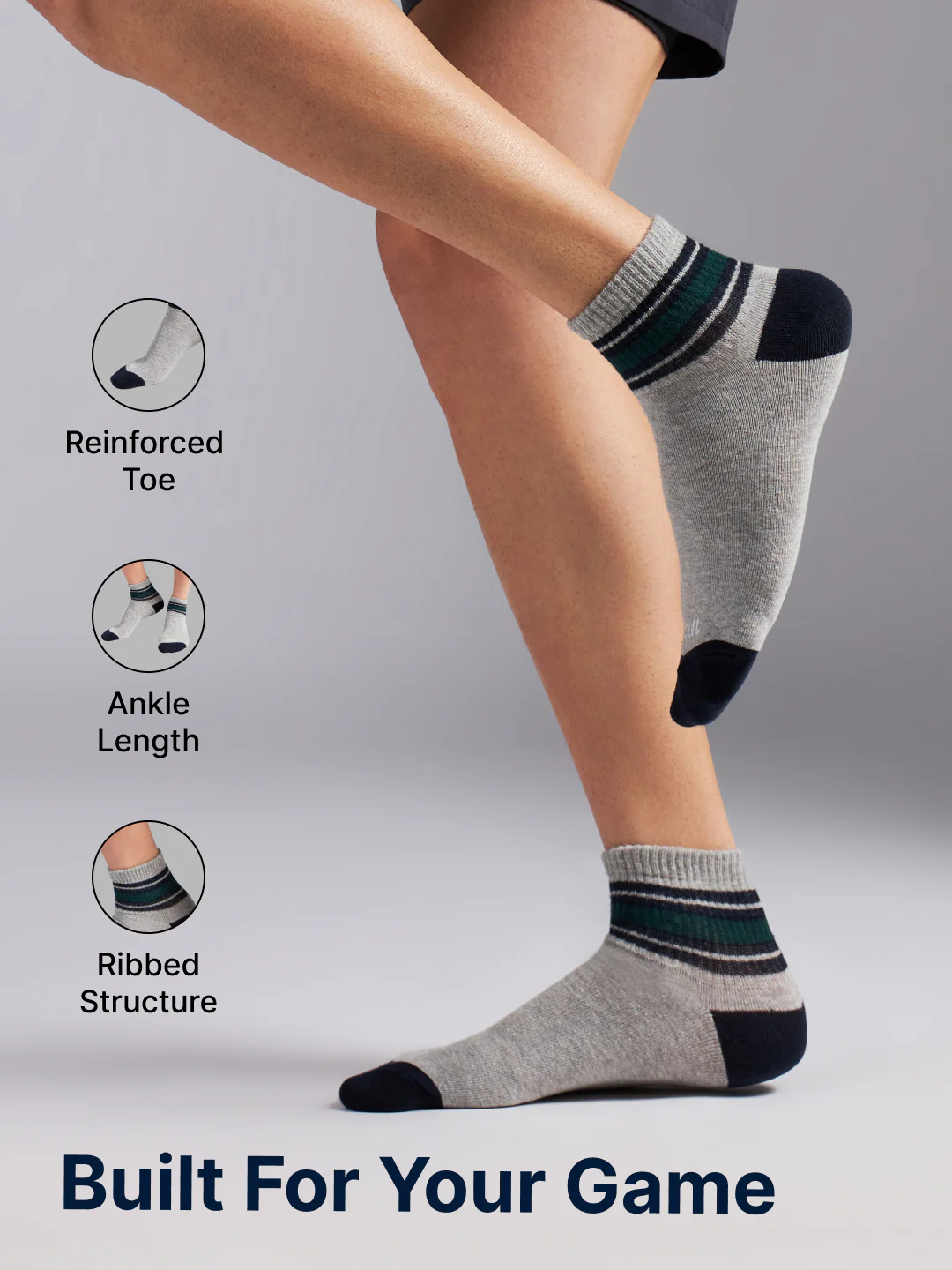 Sports Ankle Length Pack of 3 Grey Patterned Men's Cotton Socks - Image 5