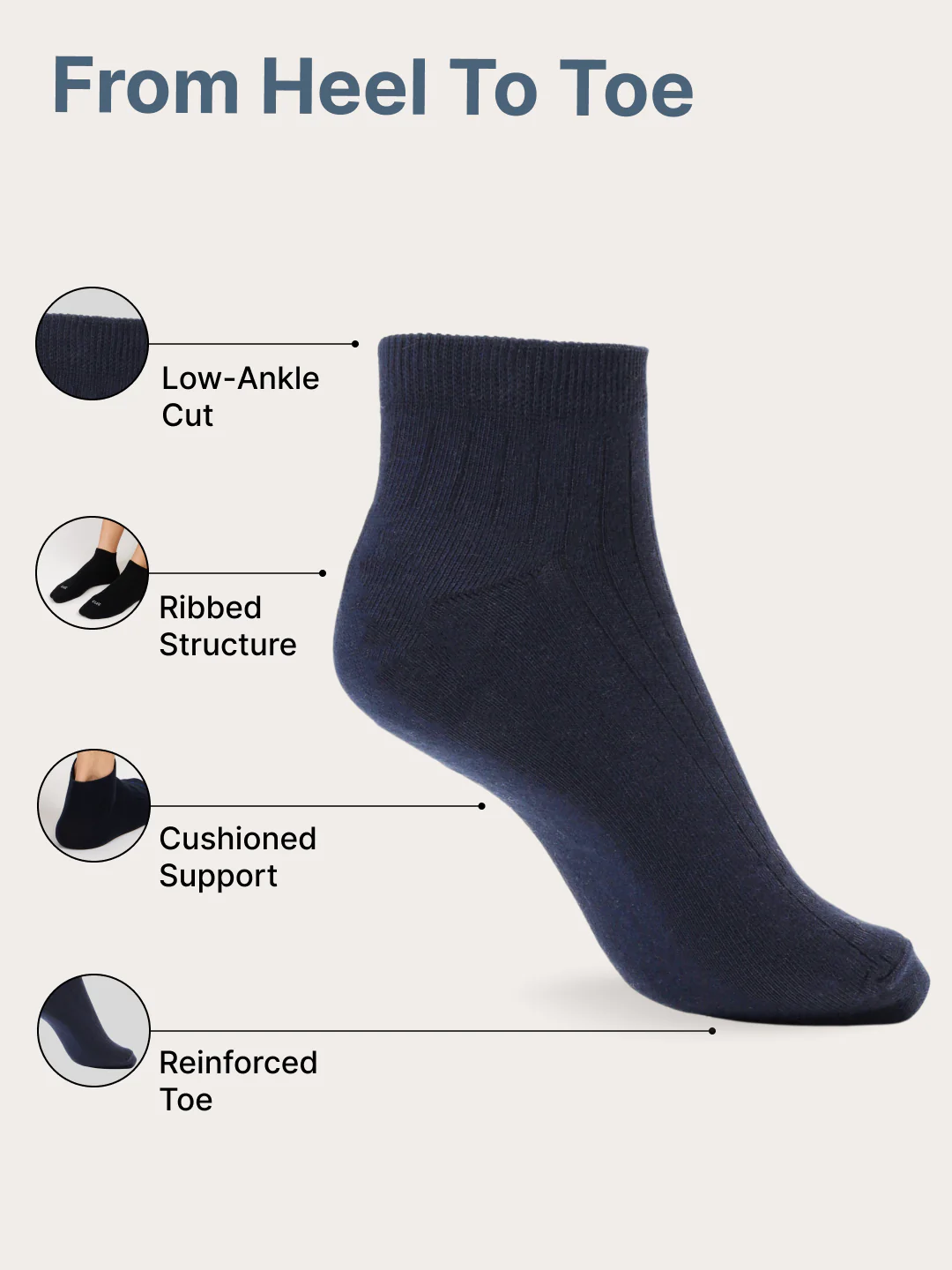 Sports Low Ankle Pack of 5 Navy,White,Grey,Powder Blue & Black Men's Cotton Socks - Image 5