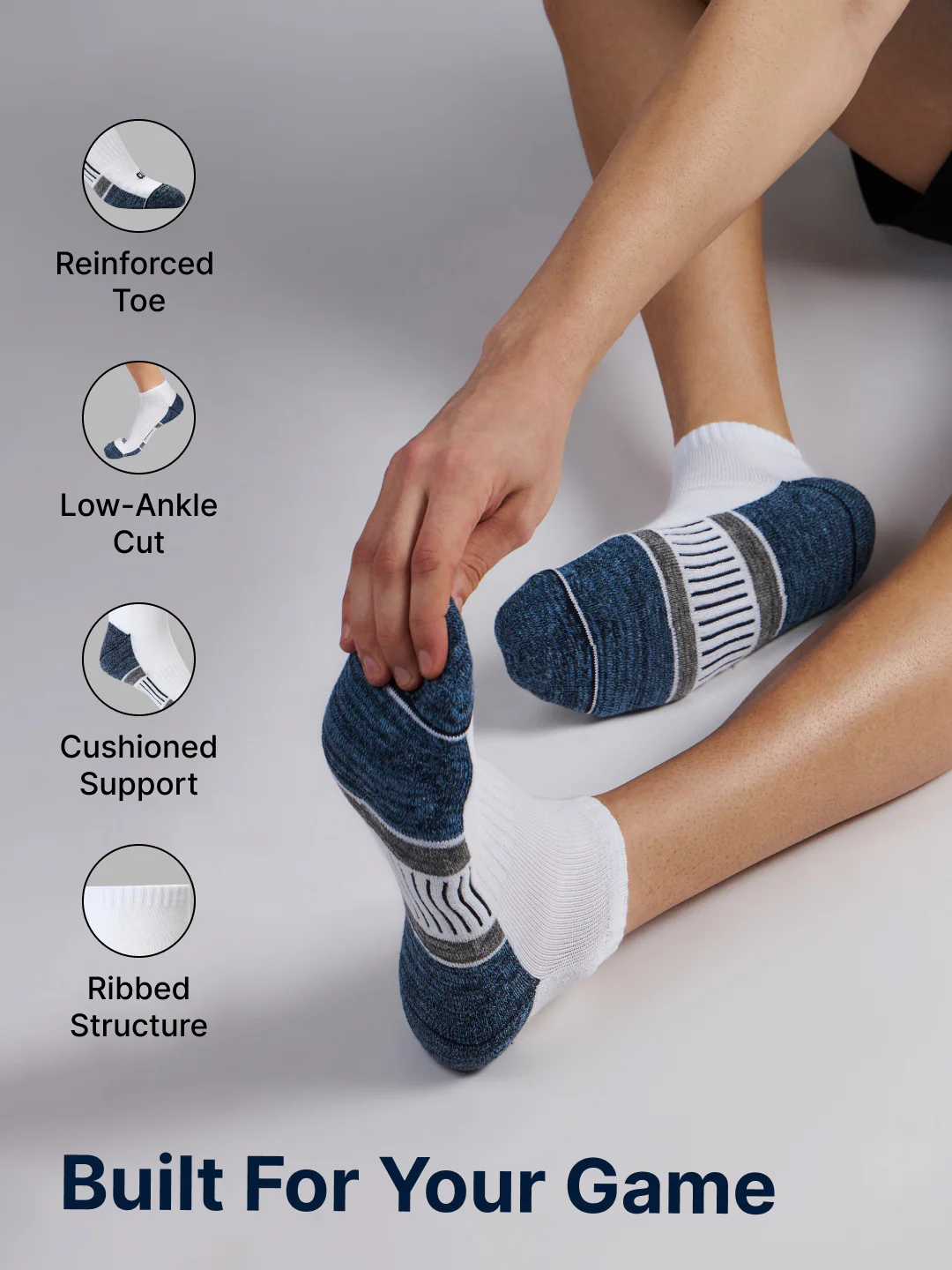 Sports Low Ankle Pack of 3 Grey,White & Black Men's Cotton Socks - Image 5