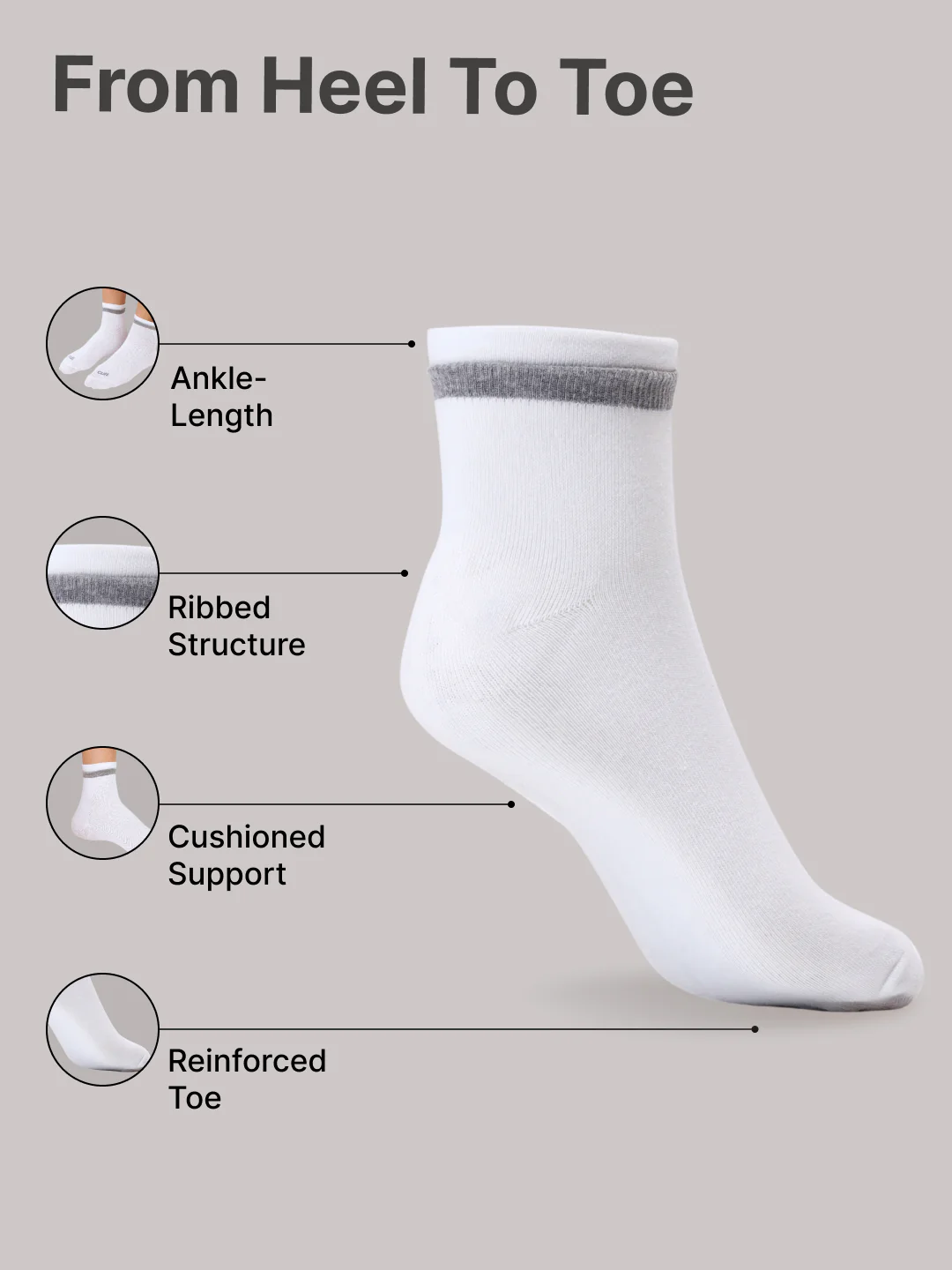 Casual Ankle Length Pack of 3 White Men's Cotton Socks - Image 5