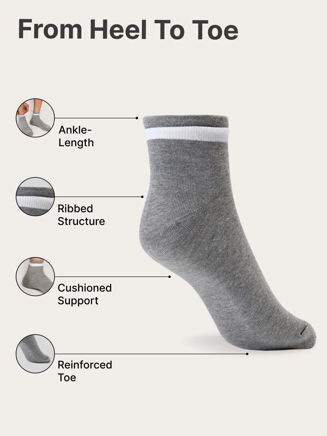 Casual Ankle Length Pack of 3 Grey,Black & White Men's Cotton Socks - Image 5