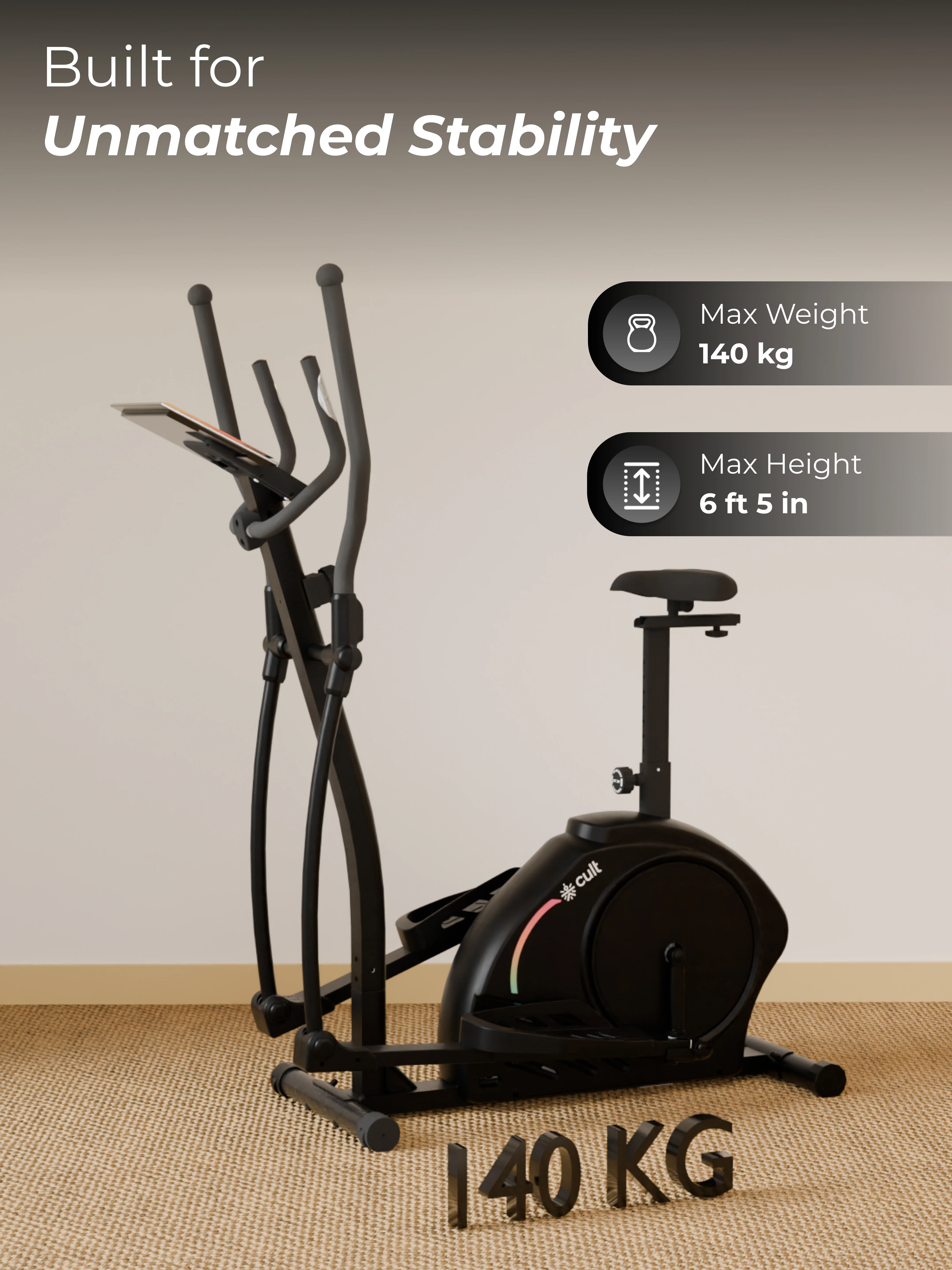 Cult SmartCrossPrime Magnetic Elliptical Trainer | 6Kg Flywheel | Max Weight: 140Kg | Home Use Cross Trainer - Black - Image 2