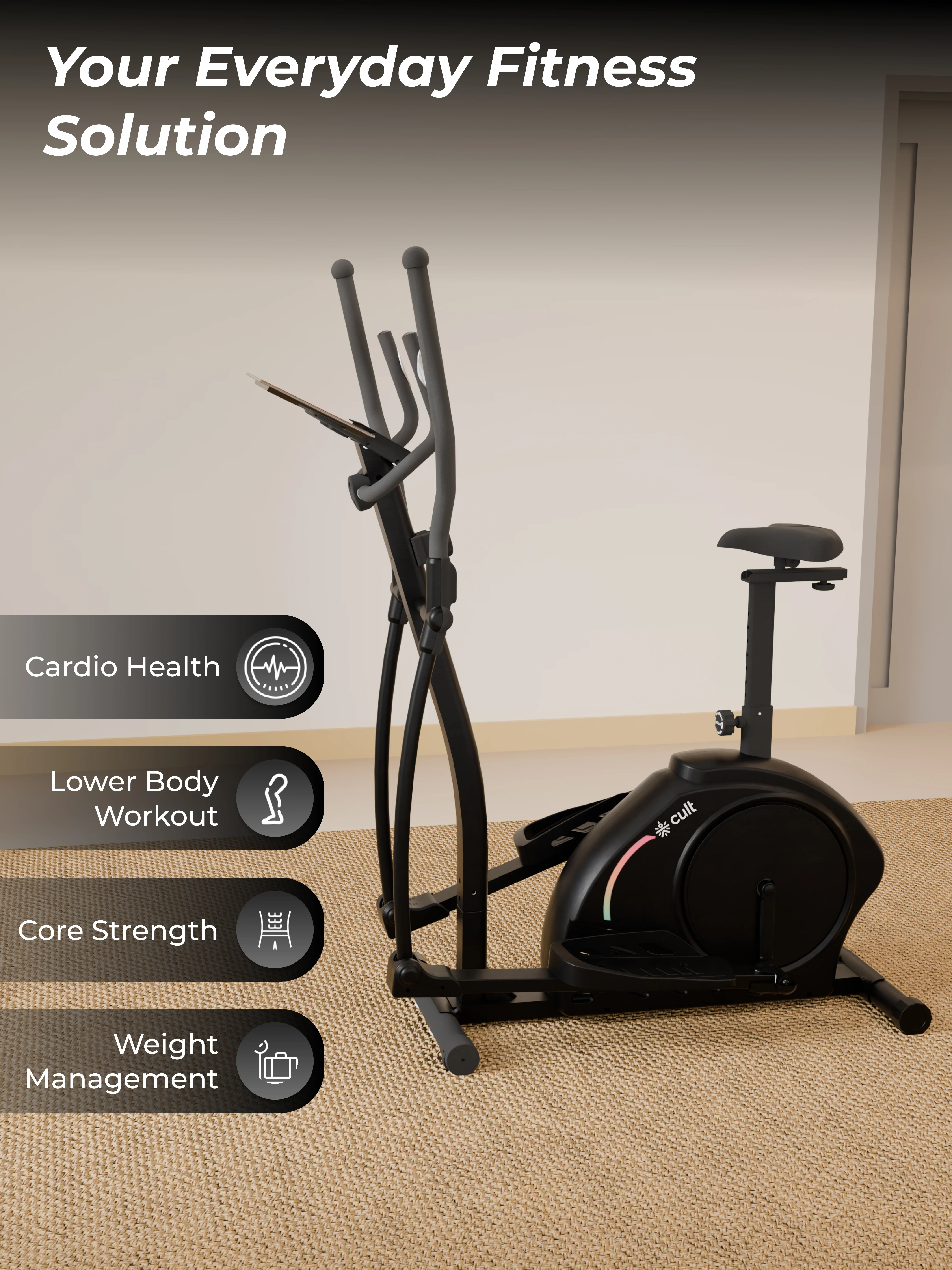 Cult SmartCrossPrime Magnetic Elliptical Trainer | 6Kg Flywheel | Max Weight: 140Kg | Home Use Cross Trainer - Black - Image 8