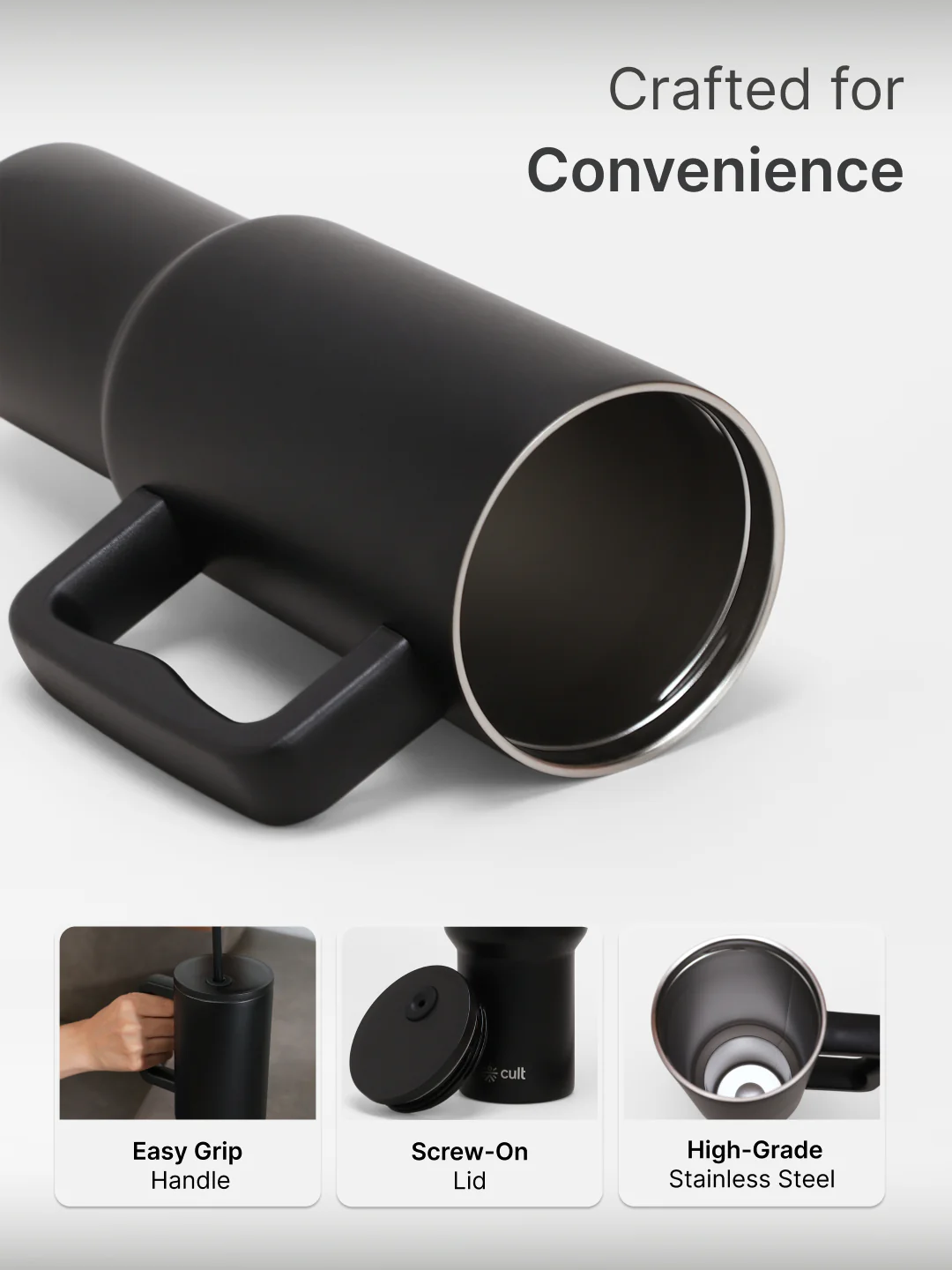 cult Steel Tumbler Double Vaccum Insulated for Hot and Cold 1200 ml Unisex Black with Straw - Image 3