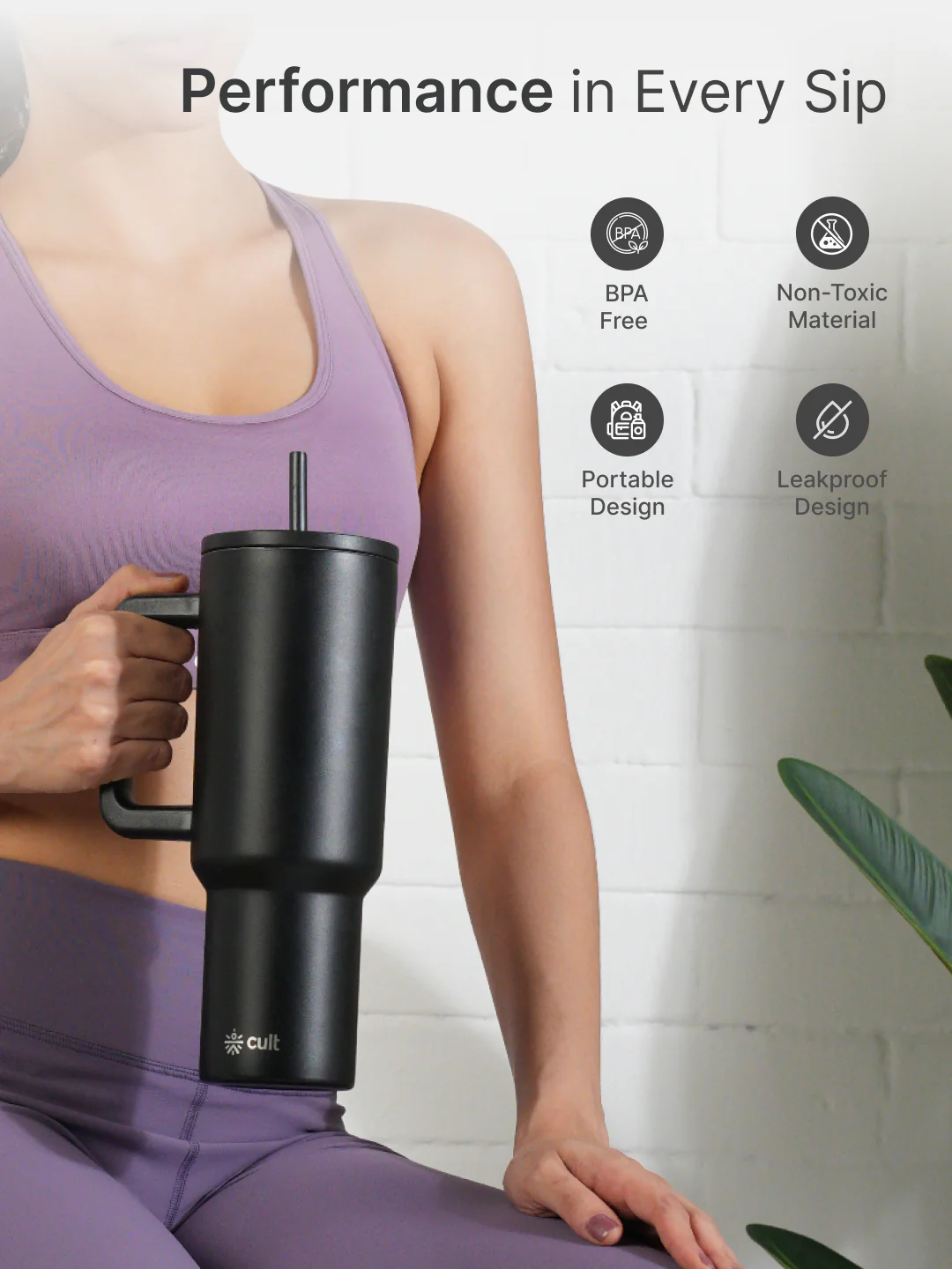 cult Steel Tumbler Double Vaccum Insulated for Hot and Cold 1200 ml Unisex Black with Straw - Image 4